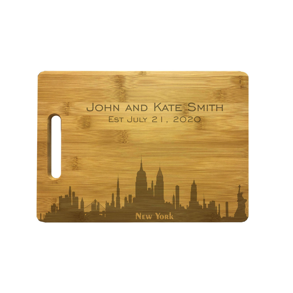 Personalized New York Skyline Natural Wood Cutting Boards with Custom Text, Engraved Bamboo or Maple, Wedding Gift