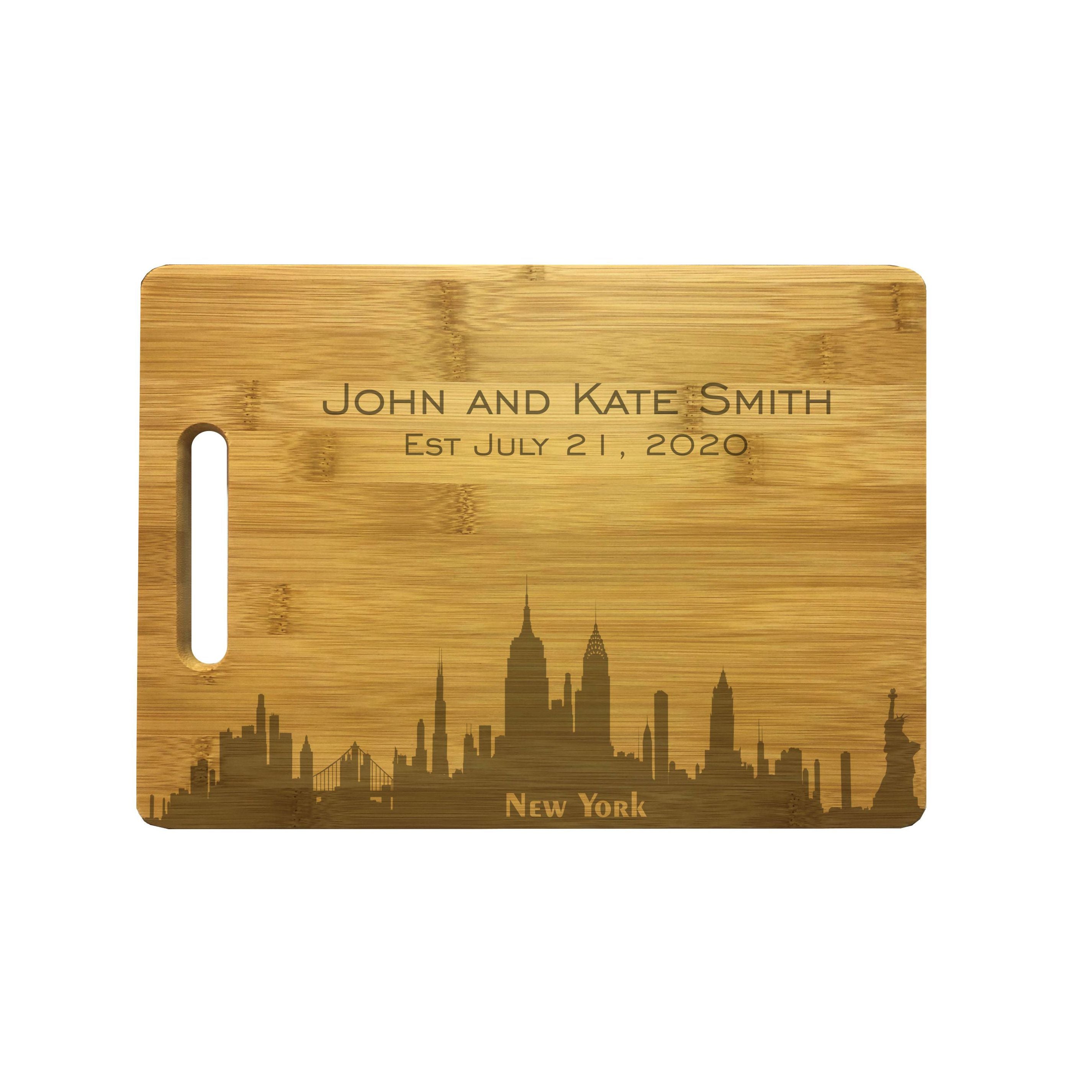 Personalized New York Skyline Natural Wood Cutting Boards with Custom Text, Engraved Bamboo or Maple, Wedding Gift