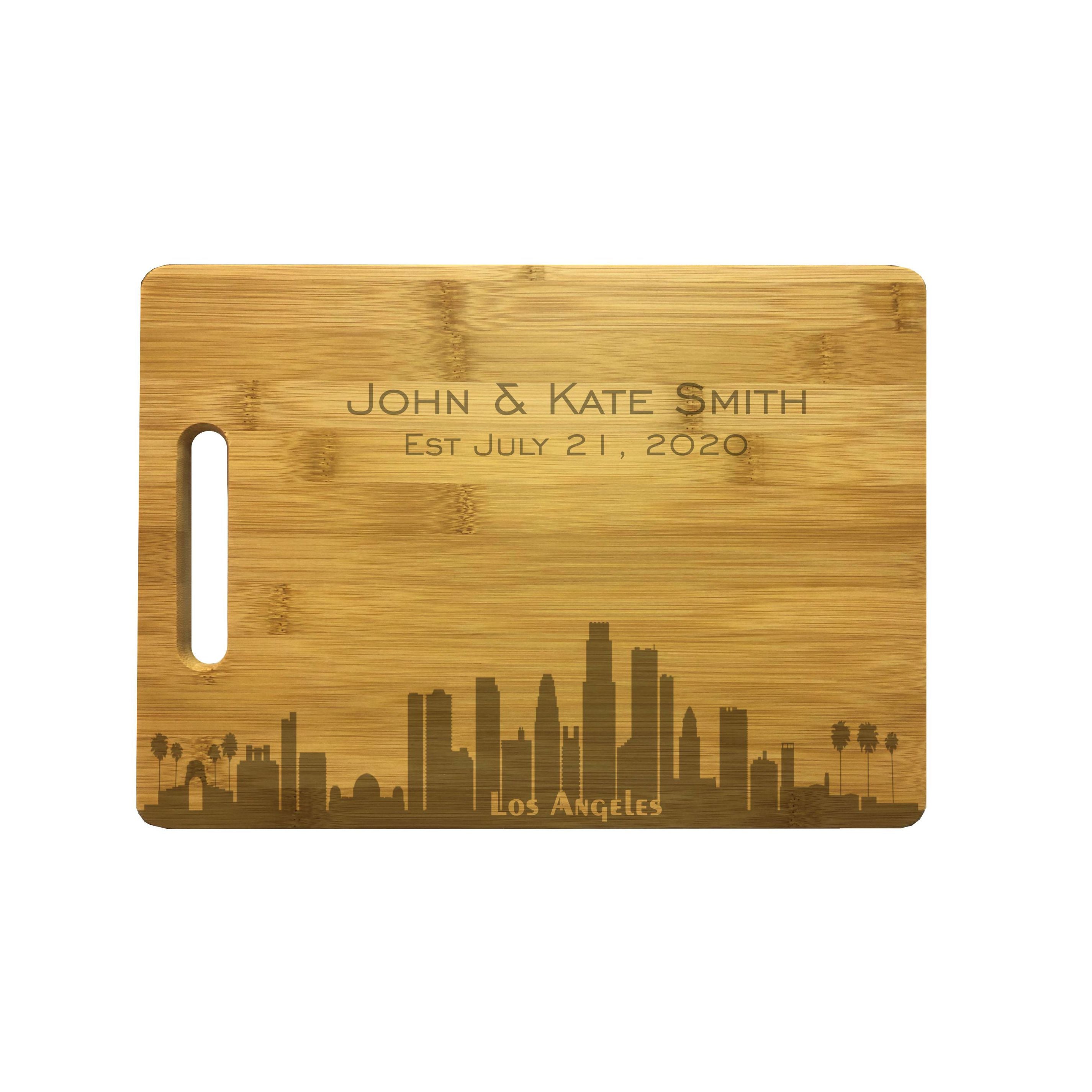 Personalized Los Angeles Skyline Natural Wood Cutting Boards with Custom Text, Engraved Bamboo or Maple, Wedding Gift