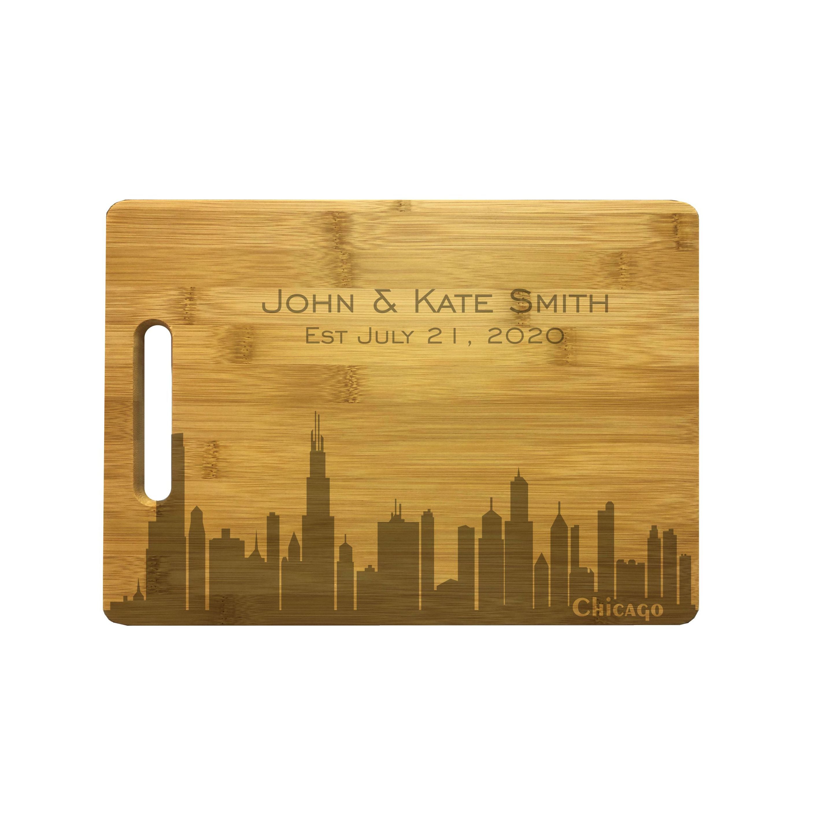 Personalized Chicago Skyline Natural Wood Cutting Boards with Custom Text, Engraved Bamboo or Maple, Wedding Gift