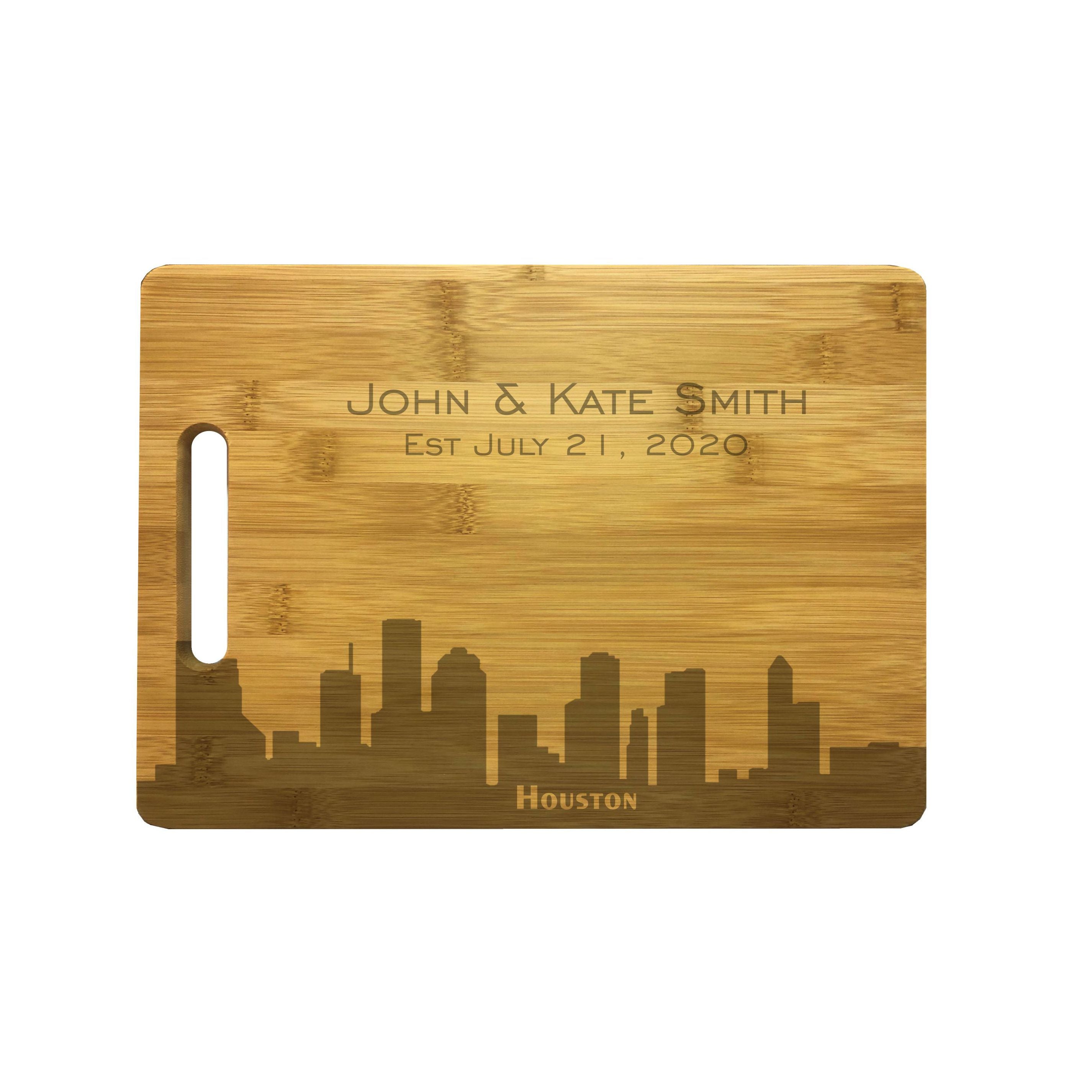 Personalized Houston Skyline Natural Wood Cutting Boards with Custom Text, Engraved Bamboo or Maple, Wedding Gift