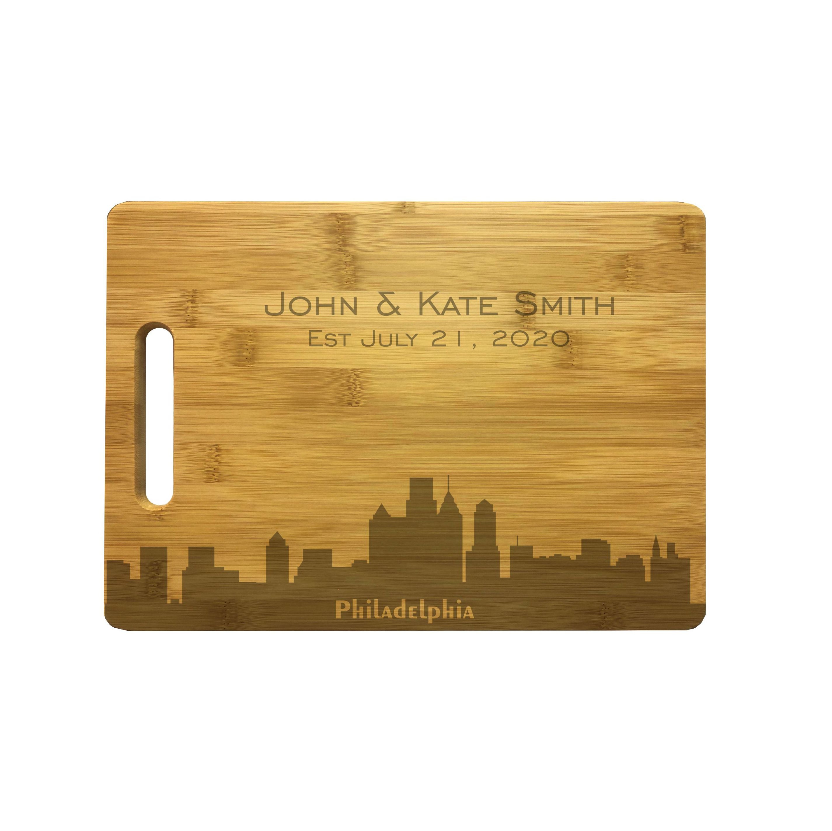 Personalized Philadelphia Skyline Natural Wood Cutting Boards with Custom Text, Engraved Bamboo or Maple, Wedding Gift