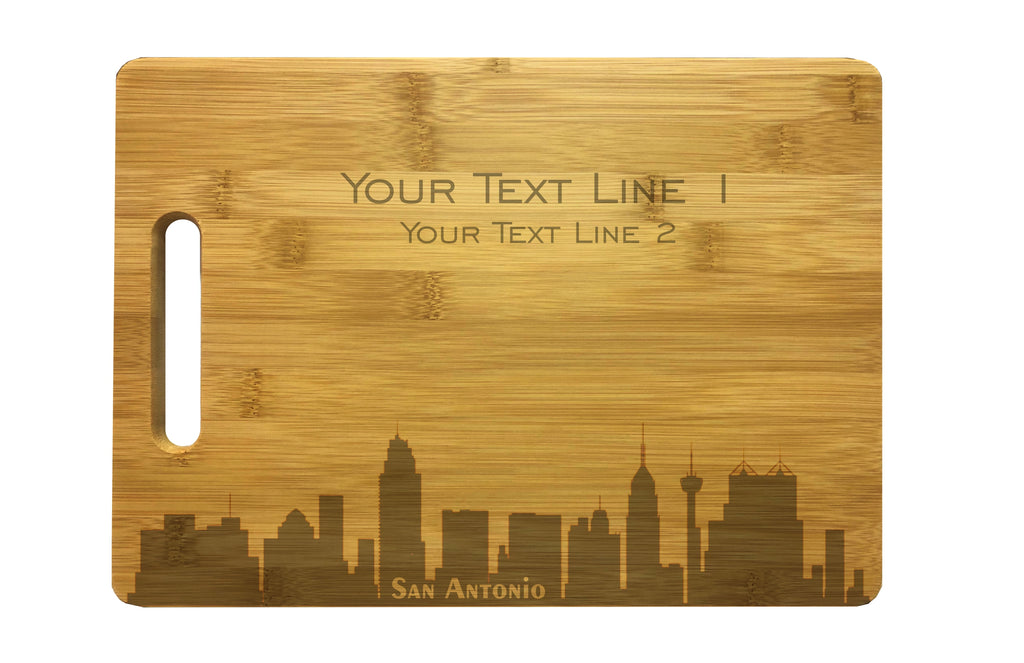 Personalized San Antonio Skyline Natural Wood Cutting Boards with Custom Text, Engraved Bamboo or Maple, Wedding Gift