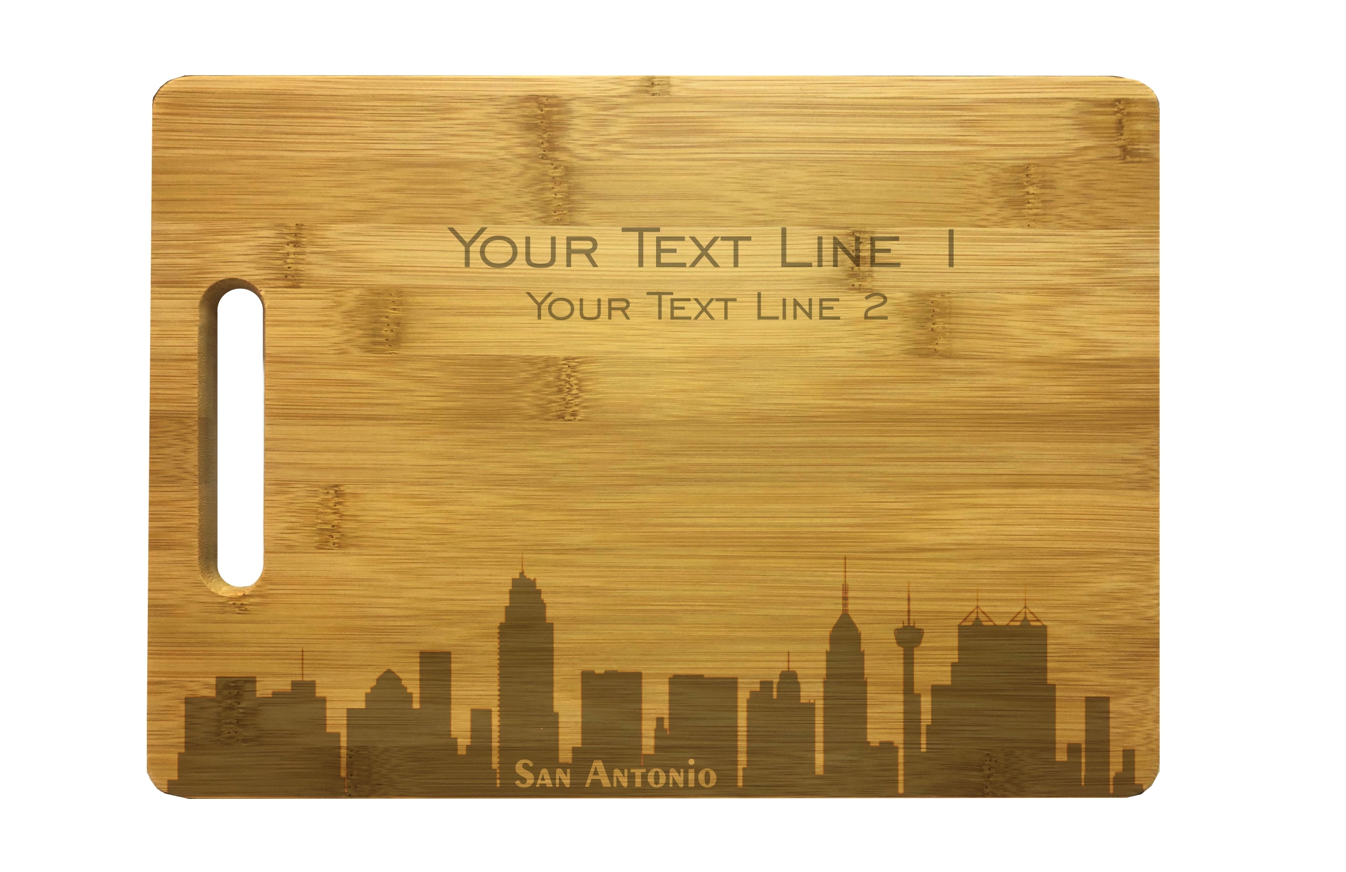 Personalized San Antonio Skyline Natural Wood Cutting Boards with Custom Text, Engraved Bamboo or Maple, Wedding Gift