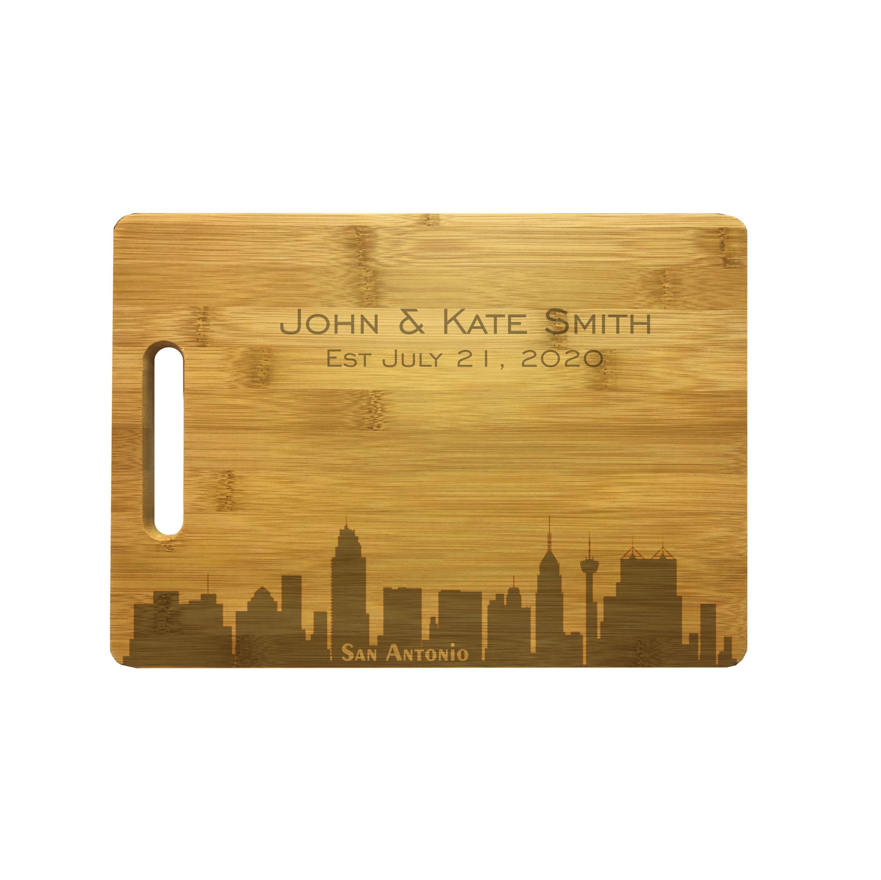 Personalized San Antonio Skyline Natural Wood Cutting Boards with Custom Text, Engraved Bamboo or Maple, Wedding Gift