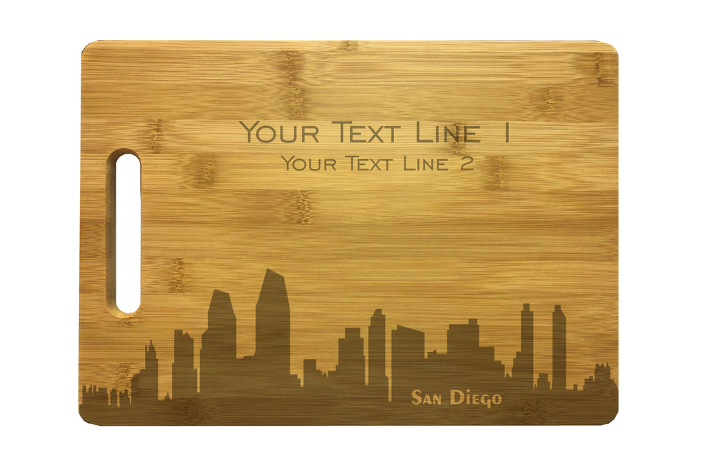 Personalized San Diego Skyline Natural Wood Cutting Boards with Custom Text, Engraved Bamboo or Maple, Wedding Gift