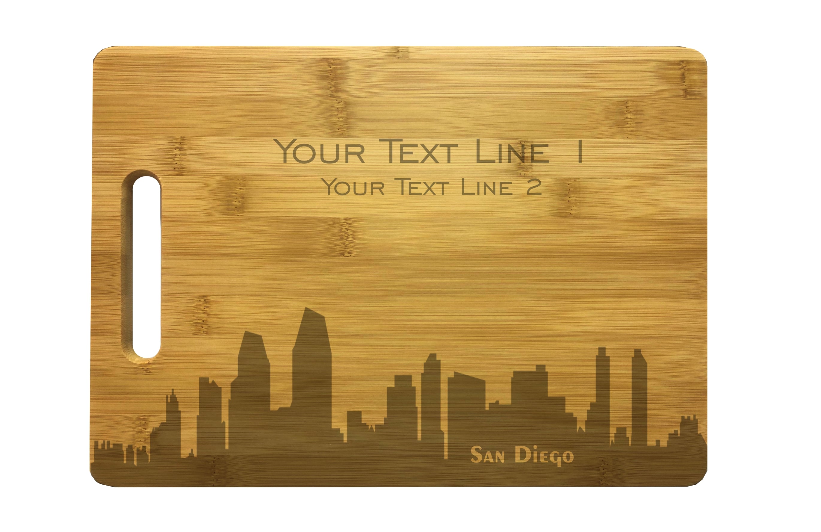 Personalized San Diego Skyline Natural Wood Cutting Boards with Custom Text, Engraved Bamboo or Maple, Wedding Gift
