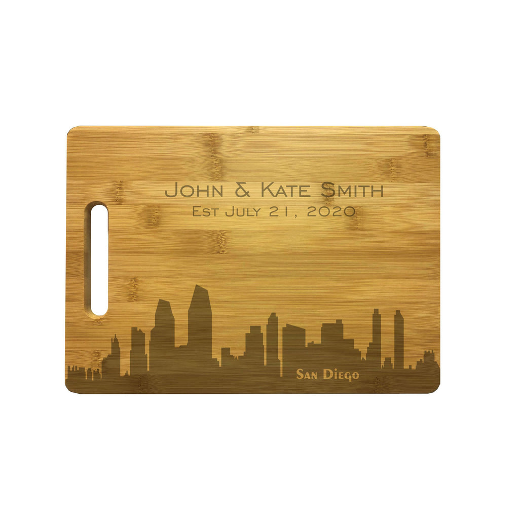 Personalized San Diego Skyline Natural Wood Cutting Boards with Custom Text, Engraved Bamboo or Maple, Wedding Gift