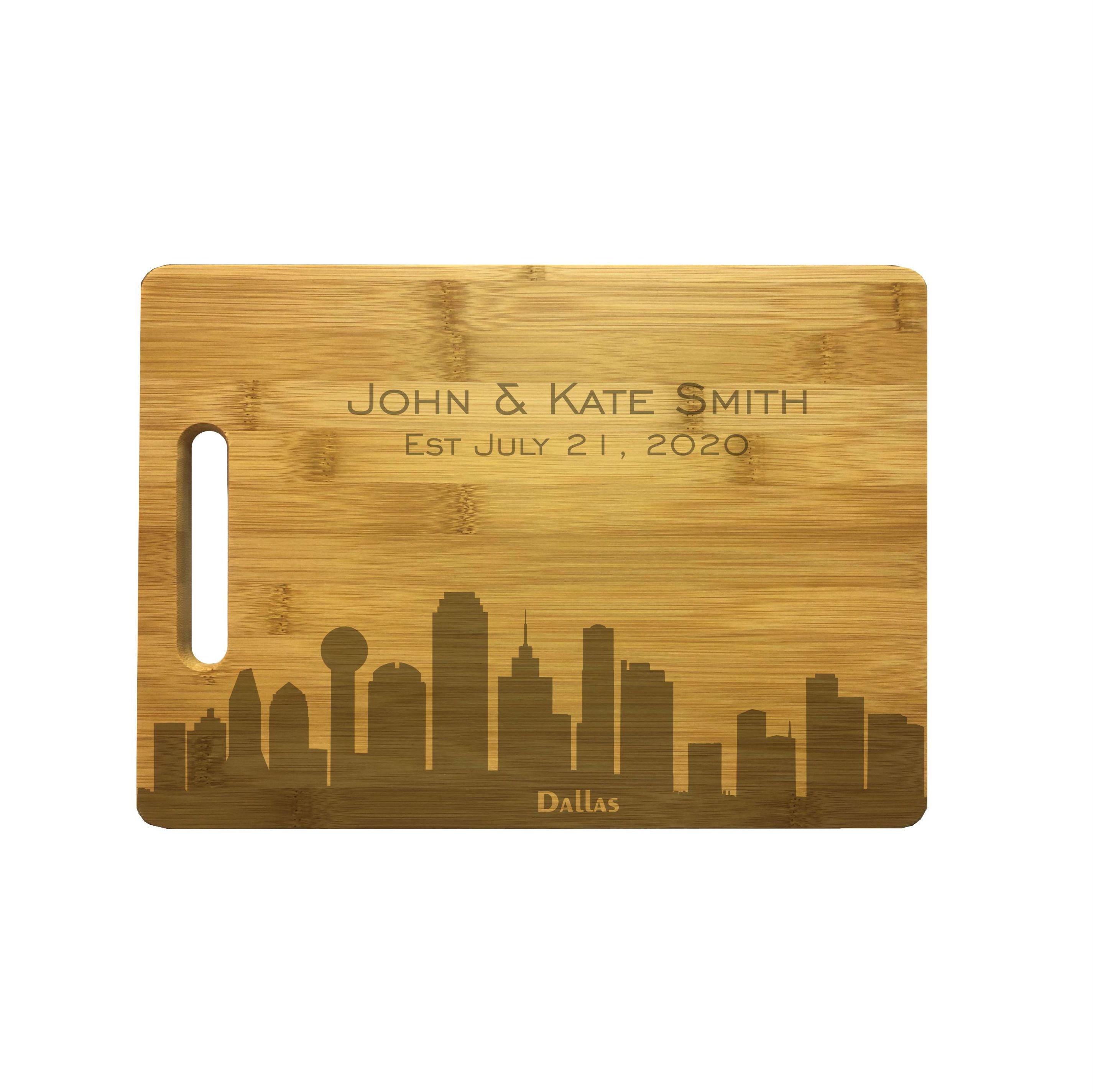 Personalized Dallas Skyline Natural Wood Cutting Boards with Custom Text, Engraved Bamboo or Maple, Wedding Gift