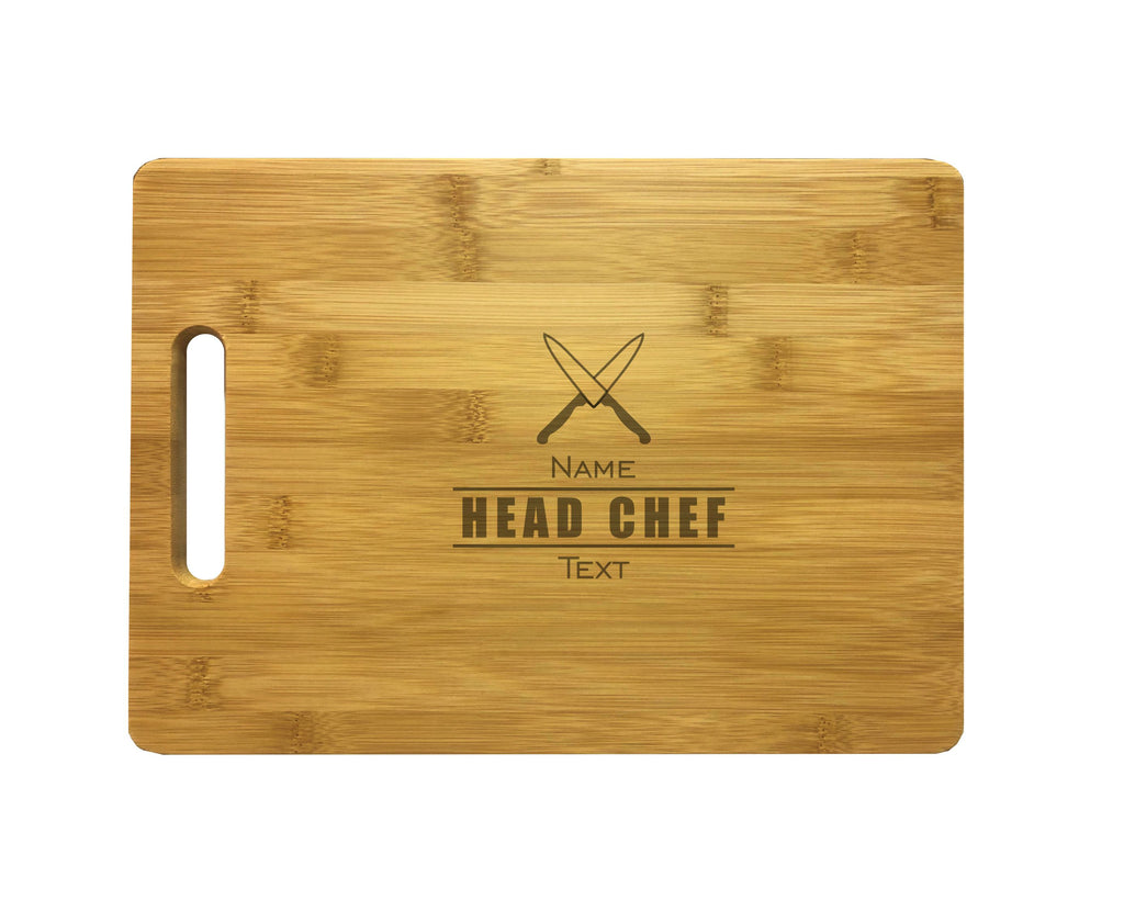 Personalized Head Chef Natural Wood Cutting Boards with Custom Name Text, Engraved Bamboo or Maple, Housewarming Gift
