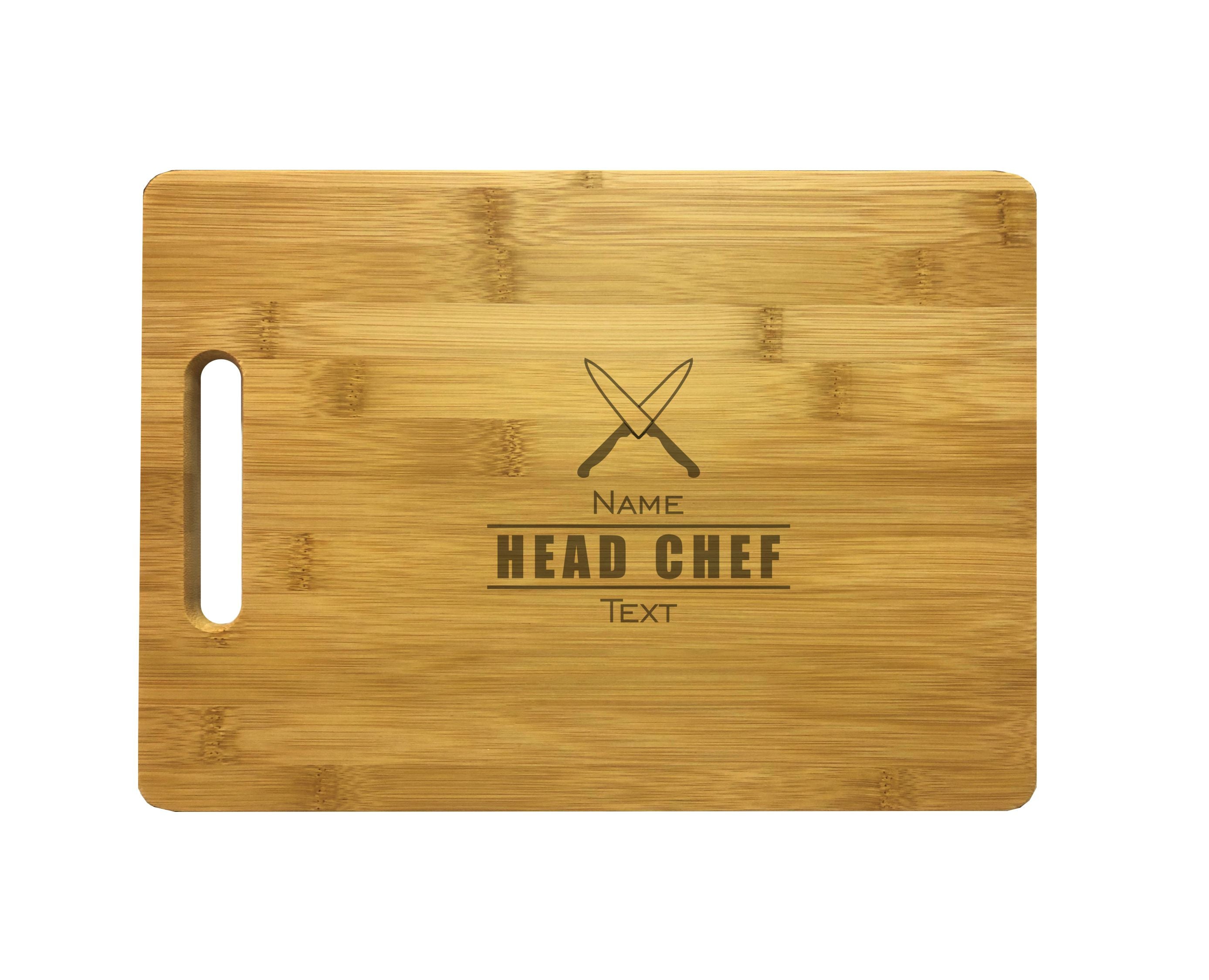 Personalized Head Chef Natural Wood Cutting Boards with Custom Name Text, Engraved Bamboo or Maple, Housewarming Gift