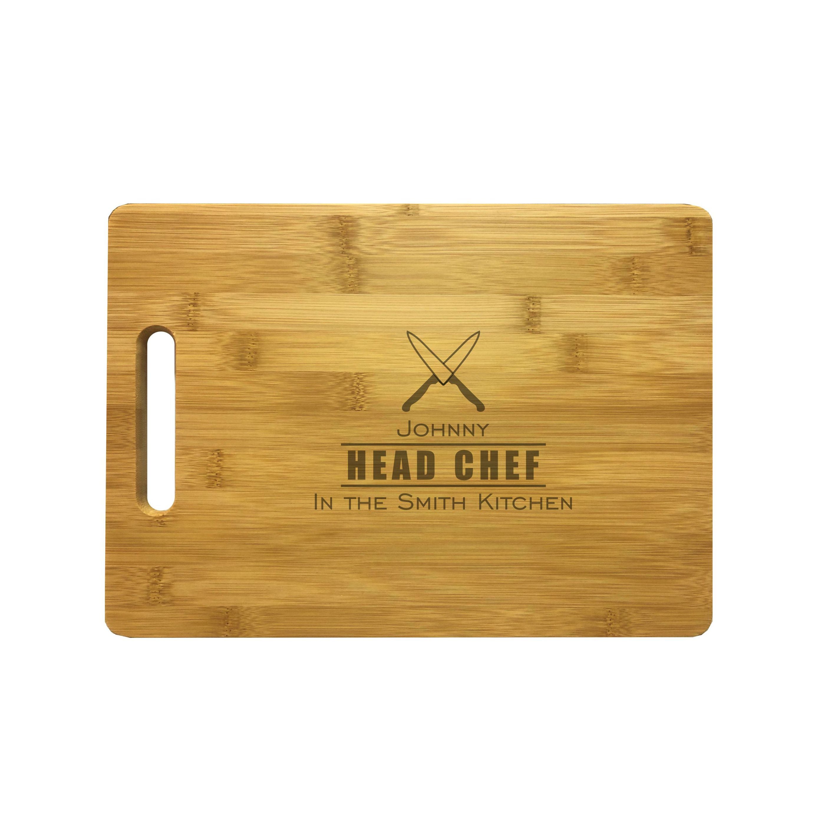 Personalized Head Chef Natural Wood Cutting Boards with Custom Name Text, Engraved Bamboo or Maple, Housewarming Gift