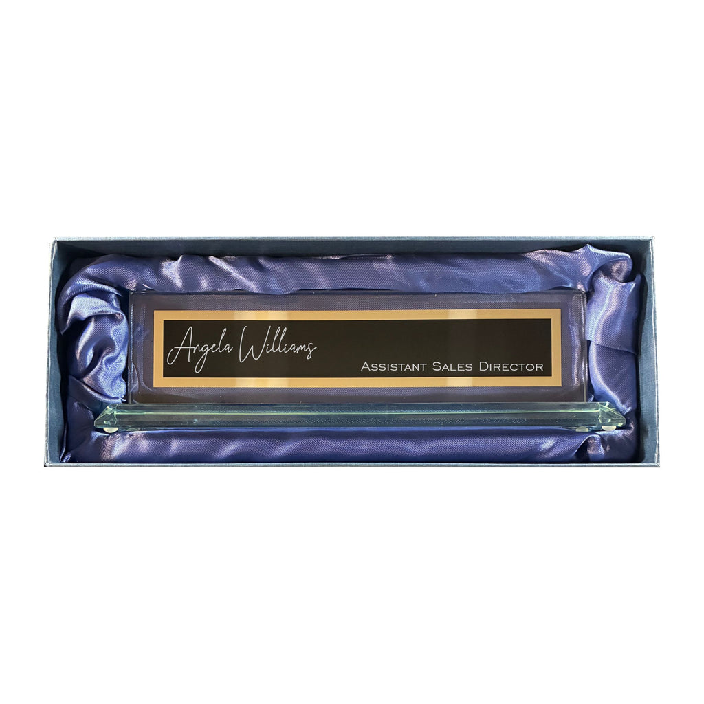 Personalized Glass Name Plate for Desk, Engraved with Custom Name and Title, Business Office Gifts