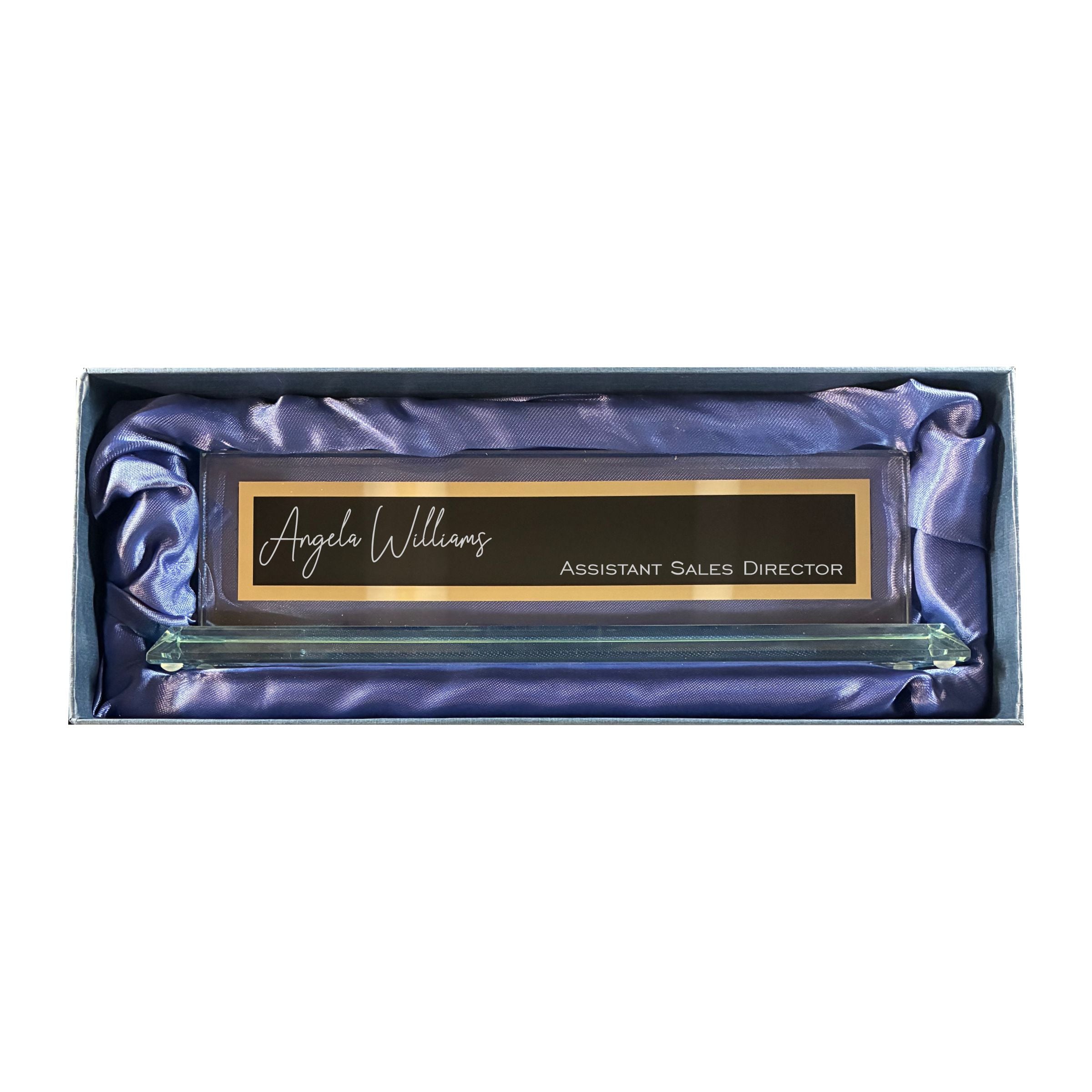 Personalized Glass Name Plate for Desk, Engraved with Custom Name and Title, Business Office Gifts