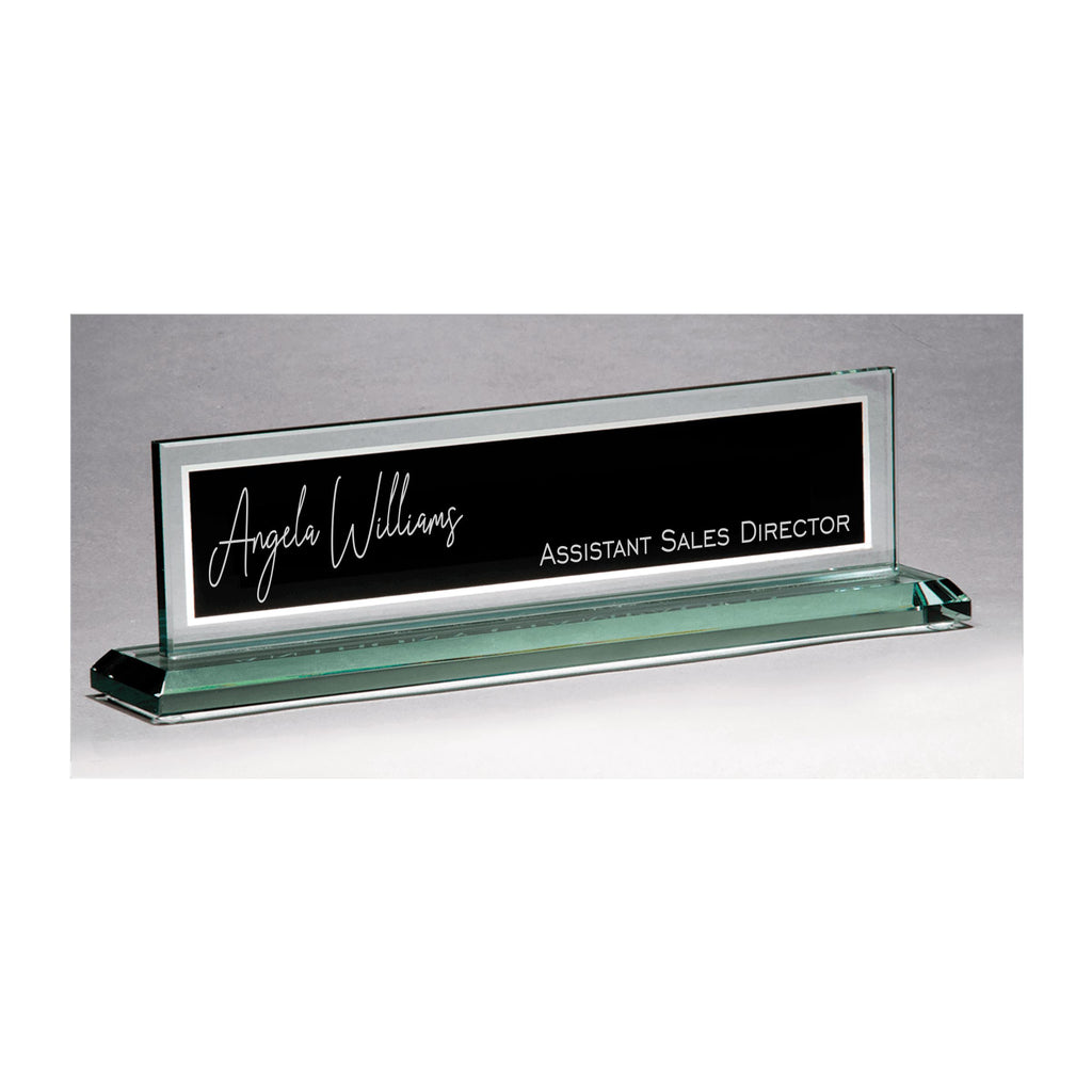 Personalized Glass Name Plate for Desk, Engraved with Custom Name and Title, Business Office Gifts