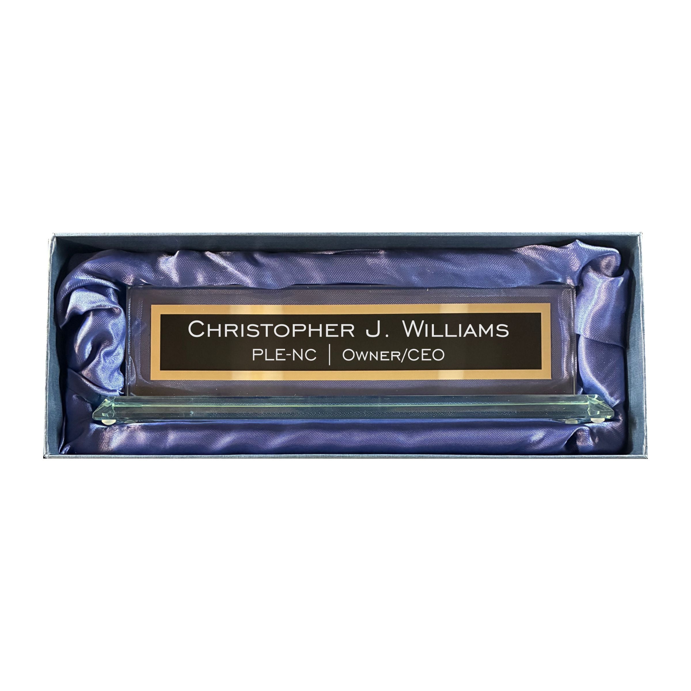 Personalized Glass Name Plate for Desk, Engraved with Custom Name Company and Title, Business Office Gifts