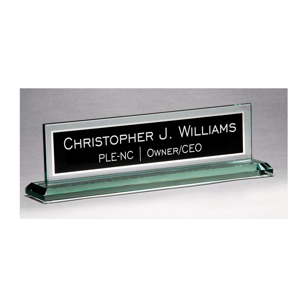 Personalized Glass Name Plate for Desk, Engraved with Custom Name Company and Title, Business Office Gifts