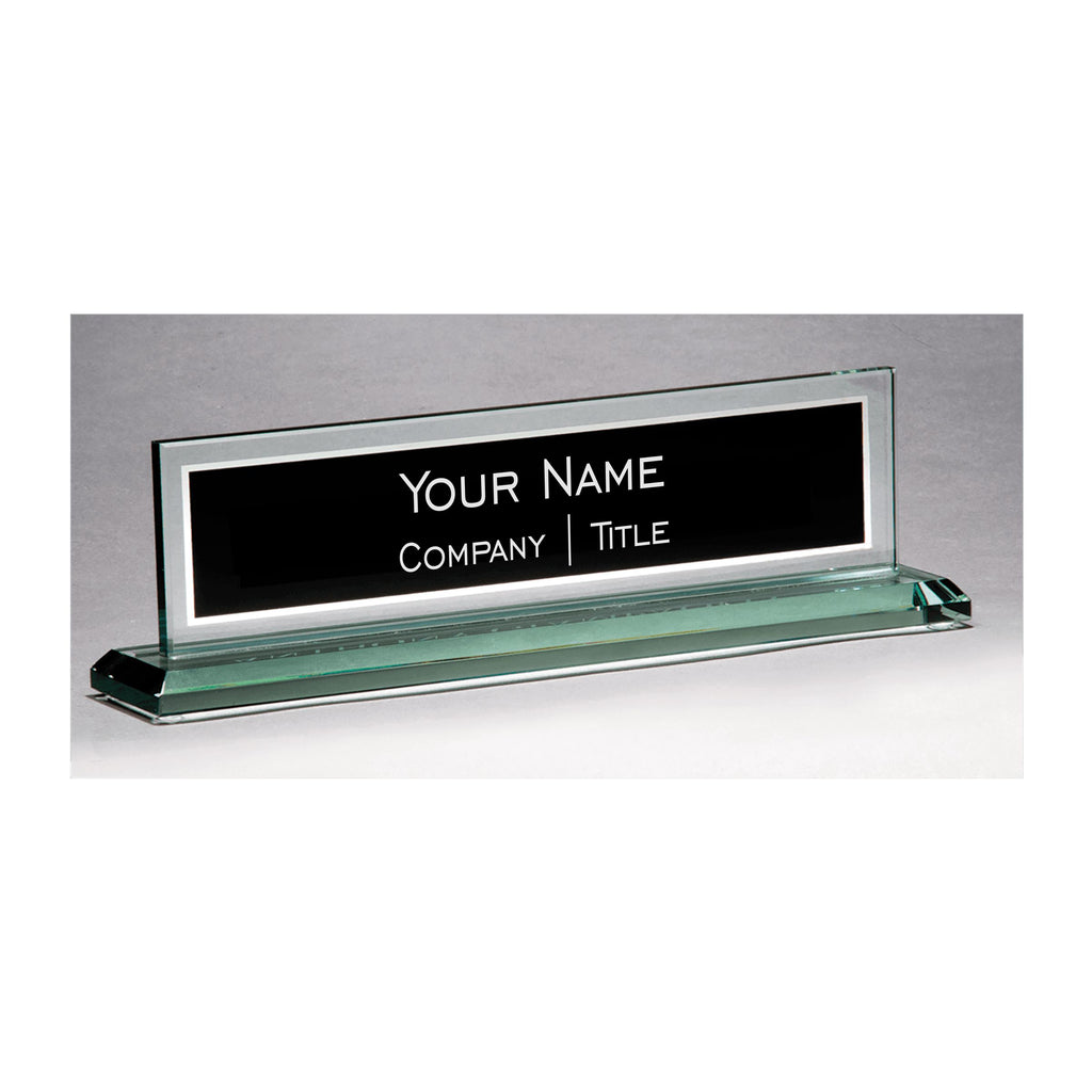 Personalized Glass Name Plate for Desk, Engraved with Custom Name Company and Title, Business Office Gifts