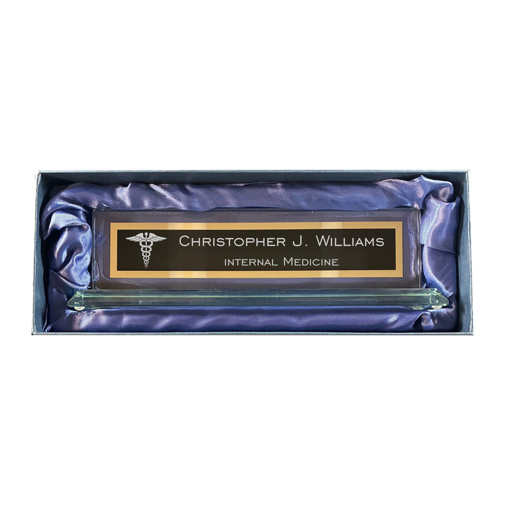 Personalized Medical Field Glass Name Plate for Desk, Engraved with Custom Text Name and Title, Office Gift