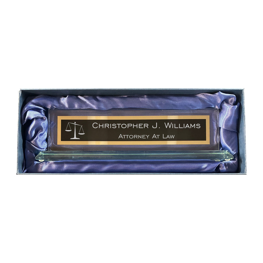 Personalized Lawyer Attorney Glass Name Plate for Desk, Engraved with Custom Text Name and Title, Office Gift