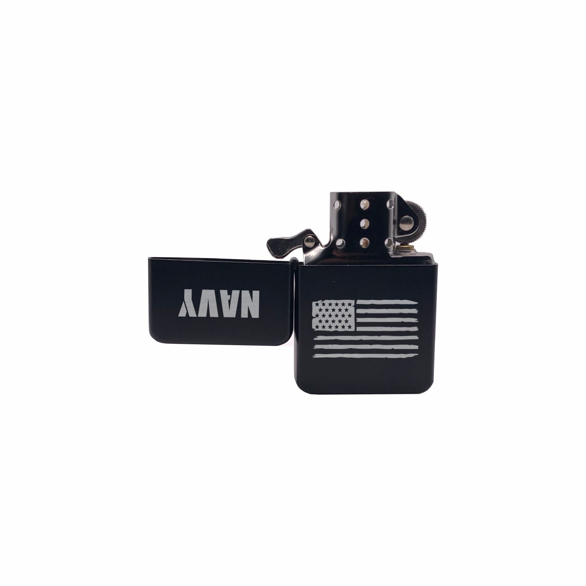Navy with American Flag Engraved Brass Lighter with Case, Military Gift