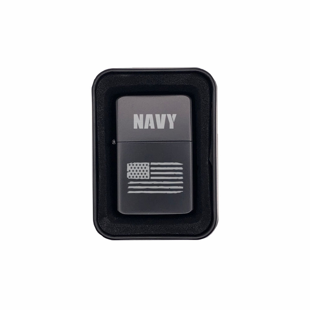 Navy with American Flag Engraved Brass Lighter with Case, Military Gift