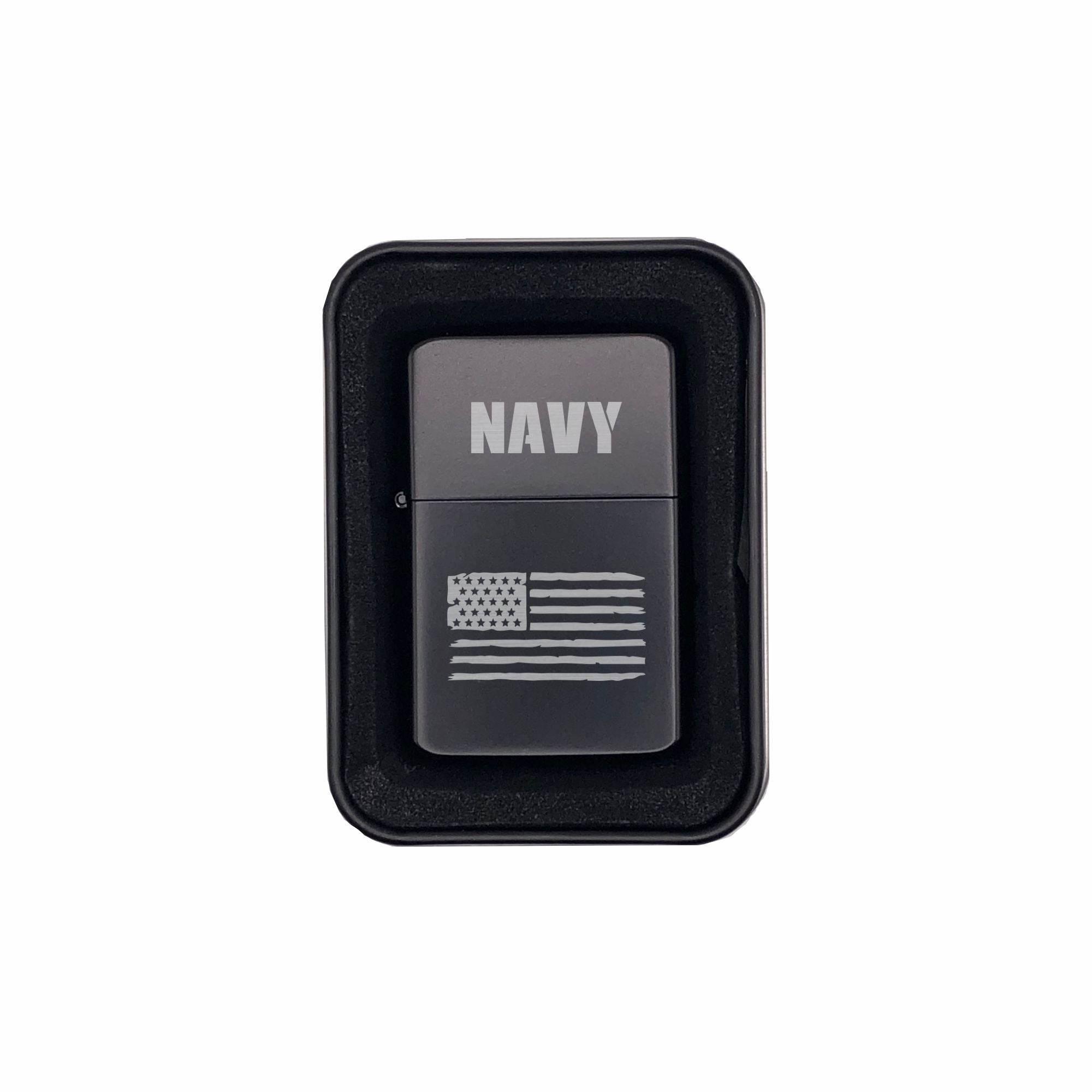 Navy with American Flag Engraved Brass Lighter with Case, Military Gift