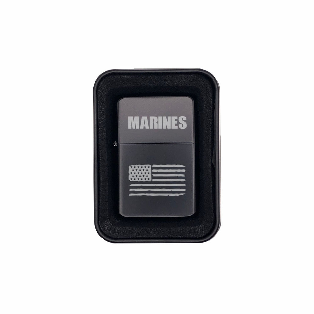 Marines with American Flag Engraved Brass Lighter with Case, Military Gift