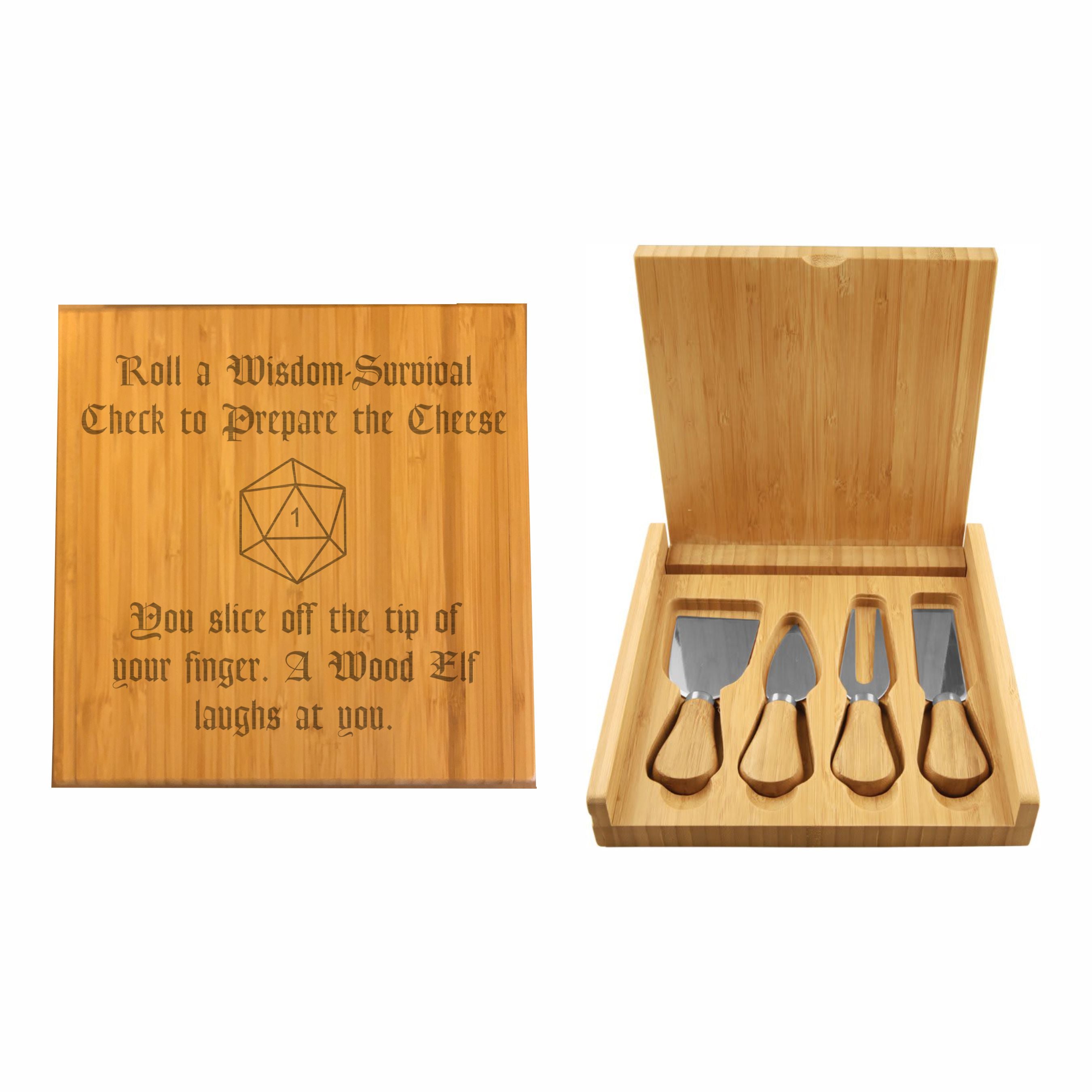 DND Gifts Wisdom Check Crit Fail Engraved Cheese Knives Tool Set with Case, Dungeons Dragons