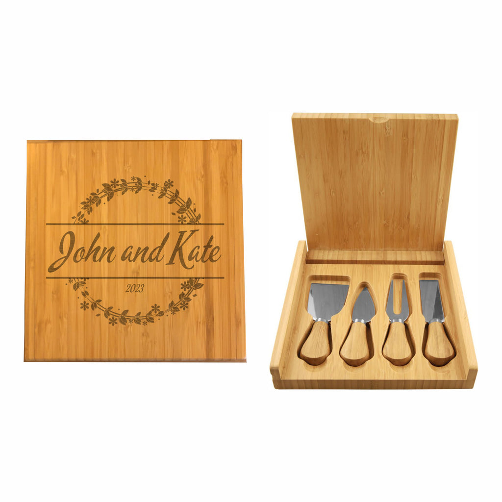 Personalized Cheese Knives Tool Set with Engraved Case, Floral Wreath with Custom Text