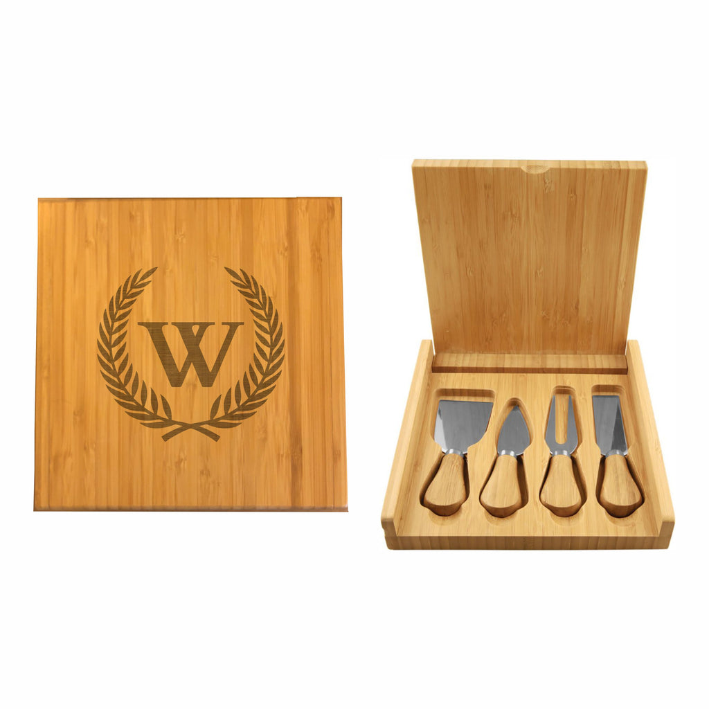 Personalized Cheese Knives Tool Set with Engraved Case, Monogrammed Floral Wreath Design with Initial