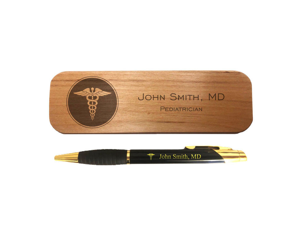 Personalized Medical Field Engraved Coated Brass Pen with Case, Caduceus Symbol with Custom Text, Doctor, Nurse Gift