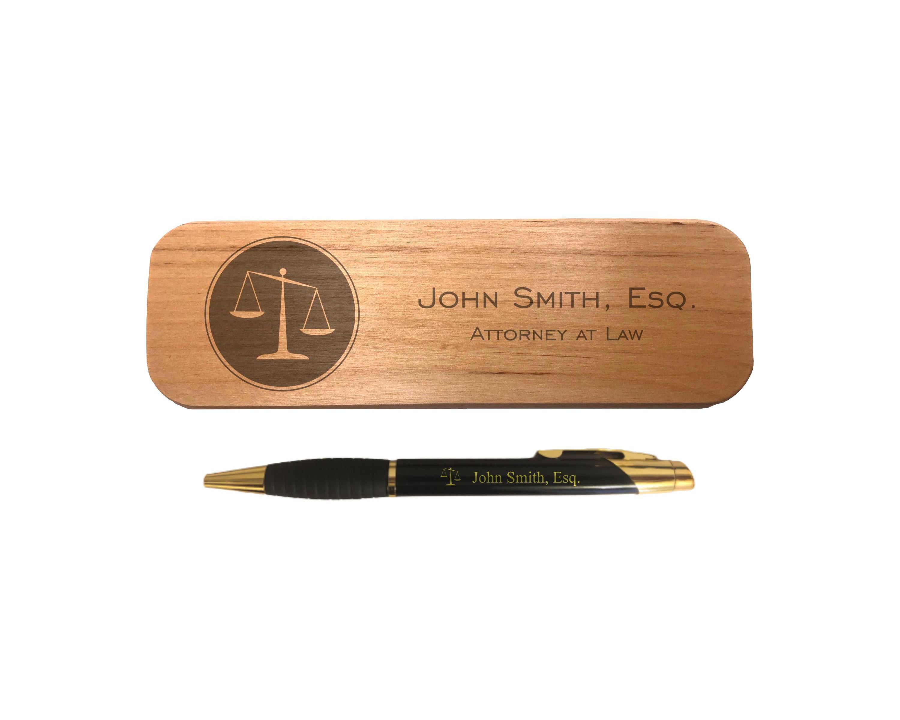 Personalized Lawyer Attorney Engraved Coated Brass Pen with Case, Scales of Justice with Custom Text, Lawyer Gift