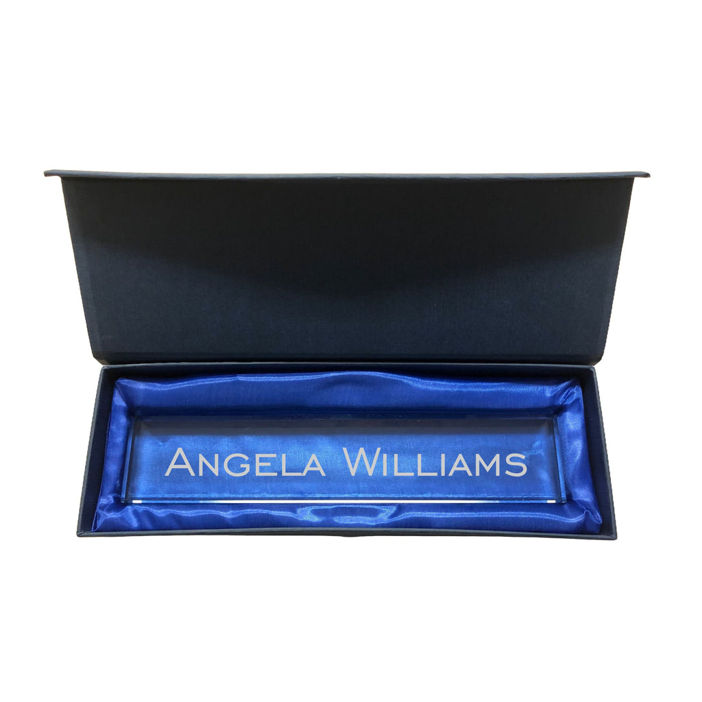 Personalized Name Plate for Desk, Jade Glass Engraved with Custom Text, Business Office Gifts