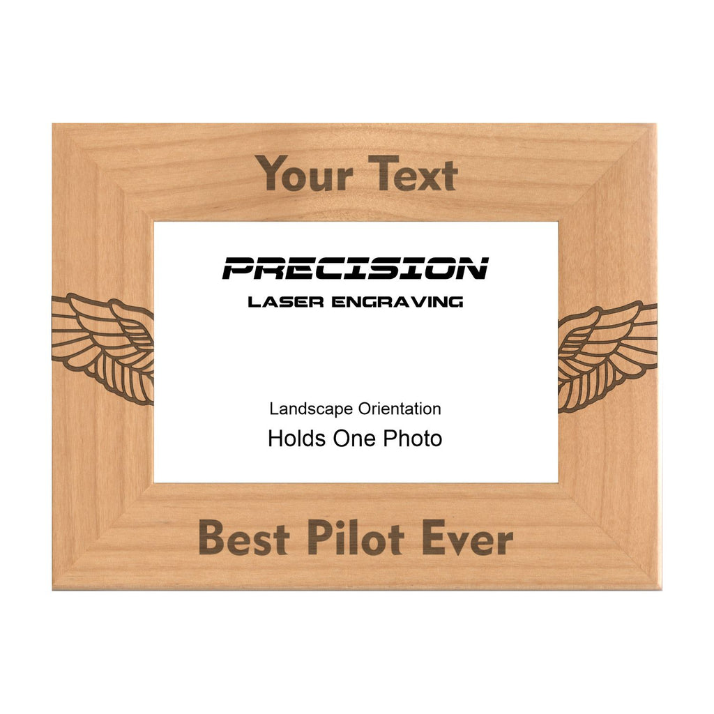 Personalized Best Pilot Ever Wings Engraved Picture Frame, Natural Wood Photo Frame with Your Custom Text, 4x6 5x7 8x10
