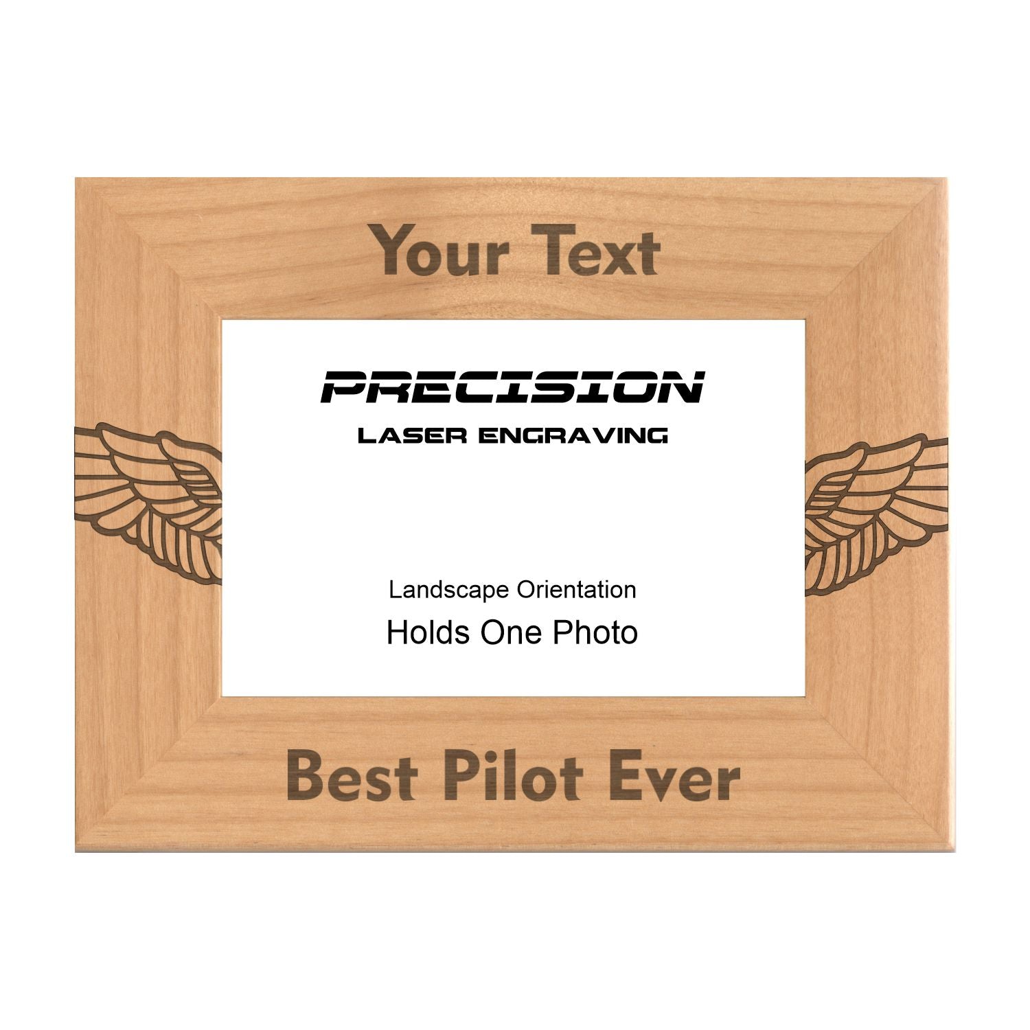 Personalized Best Pilot Ever Wings Engraved Picture Frame, Natural Wood Photo Frame with Your Custom Text, 4x6 5x7 8x10
