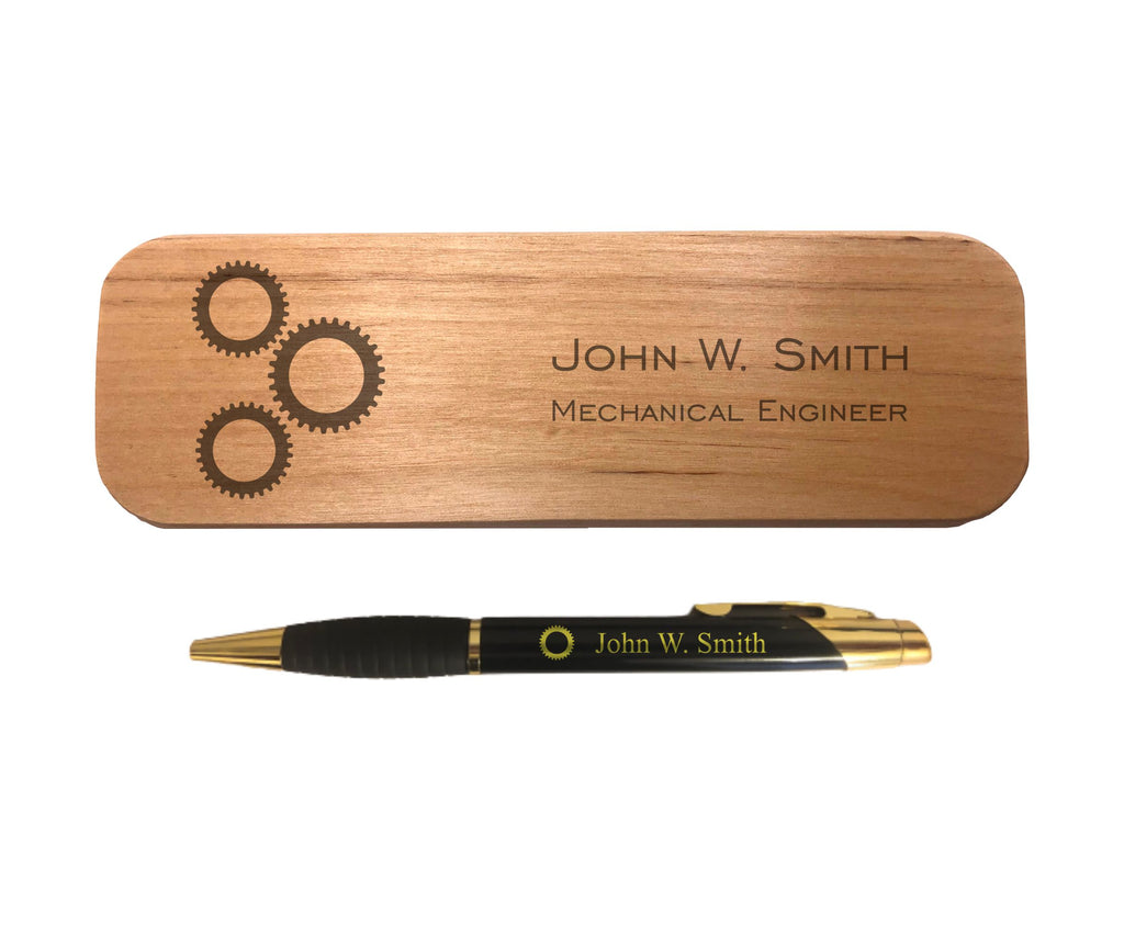 Personalized Engineer Engraved Coated Brass Pen with Case, Cogs Gears with Custom Text, Office Gift