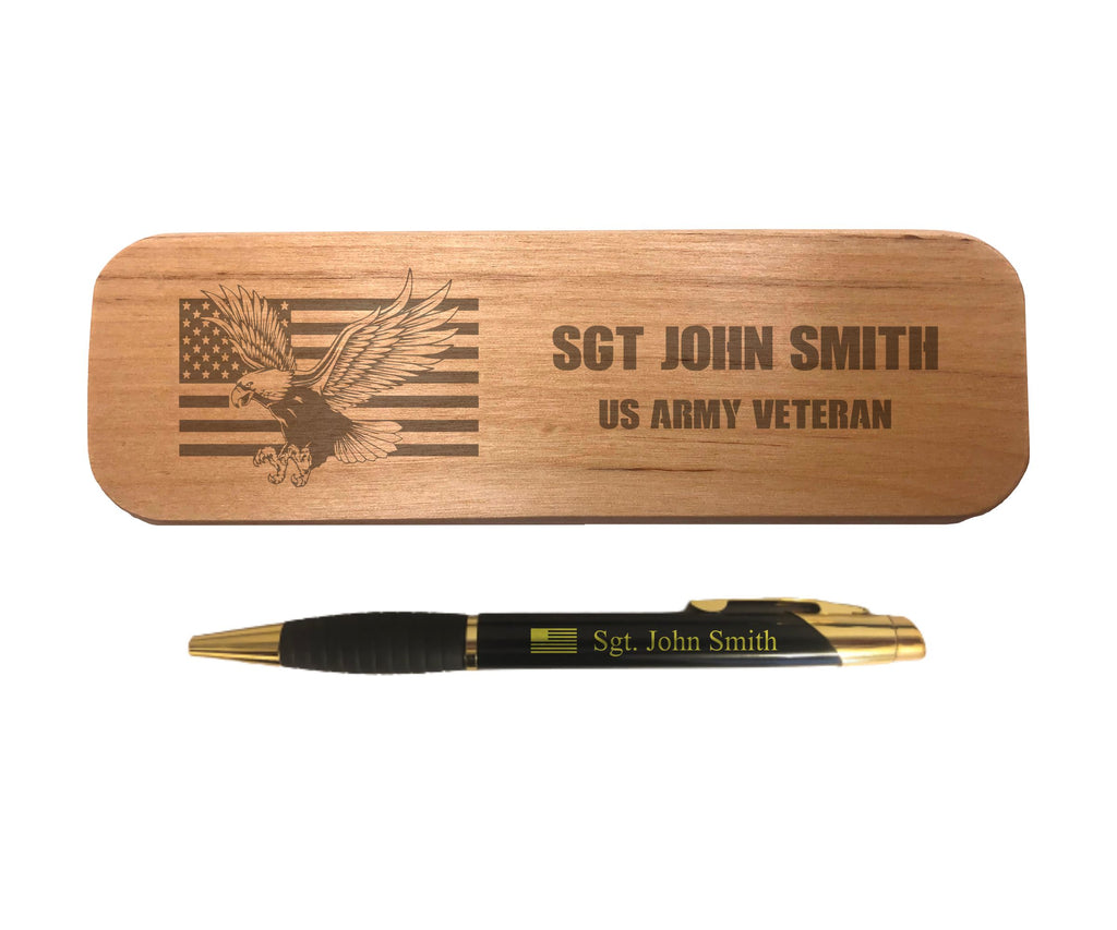 Personalized Military Gifts, Engraved Coated Brass Pen with Case, American Flag with Custom Text, Gift for Veteran