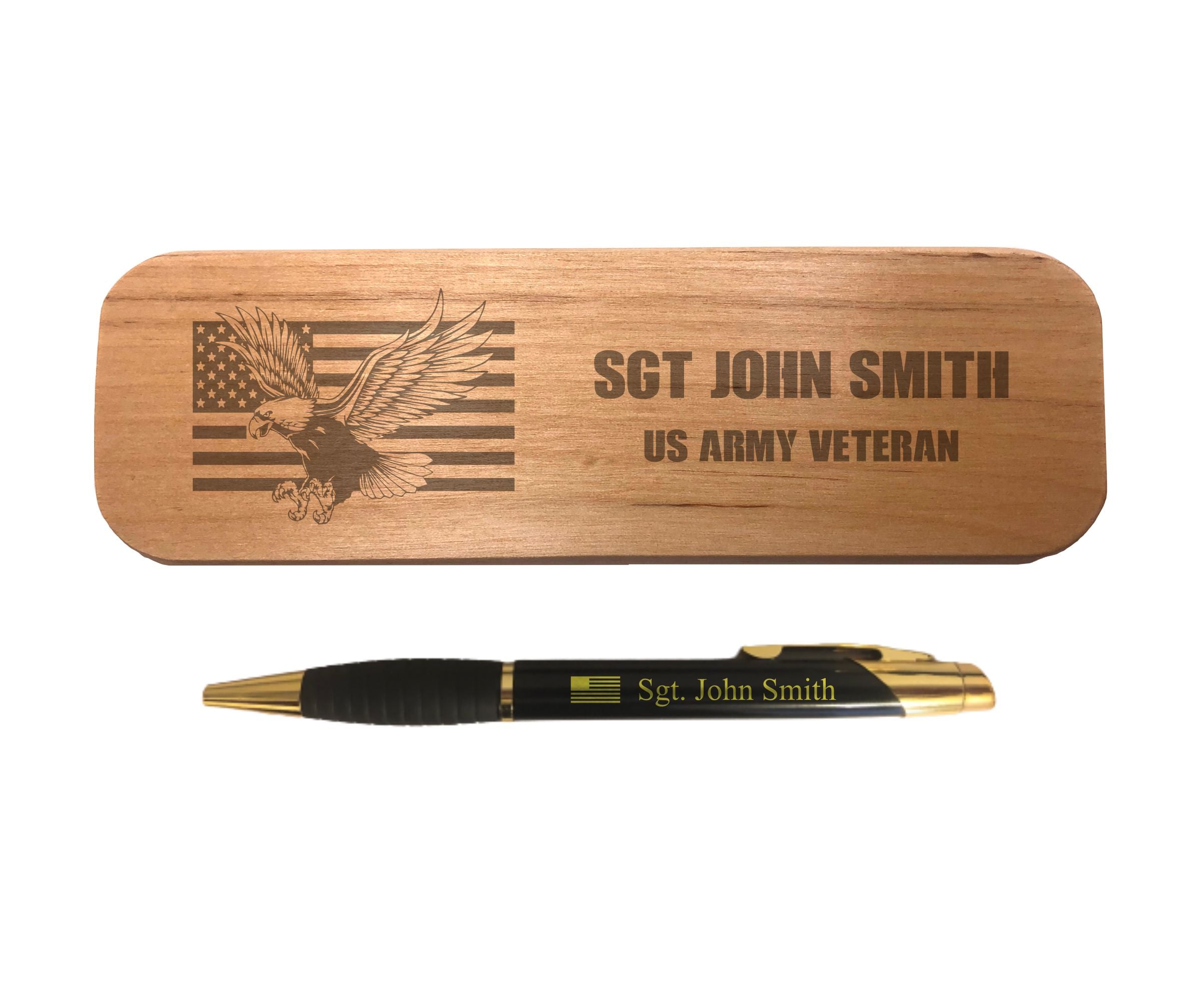 Personalized Military Gifts, Engraved Coated Brass Pen with Case, American Flag with Custom Text, Gift for Veteran
