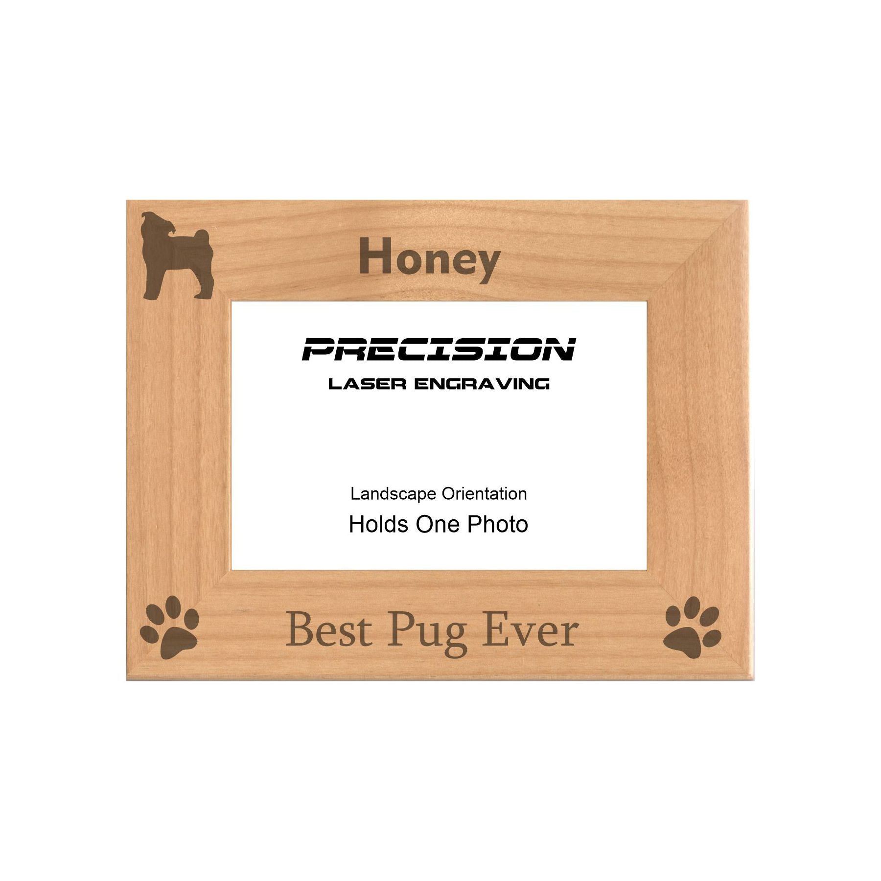 Personalized Best Pug Ever Engraved Picture Frame, Natural Wood Photo Frame with Your Custom Text, 4x6 5x7 8x10