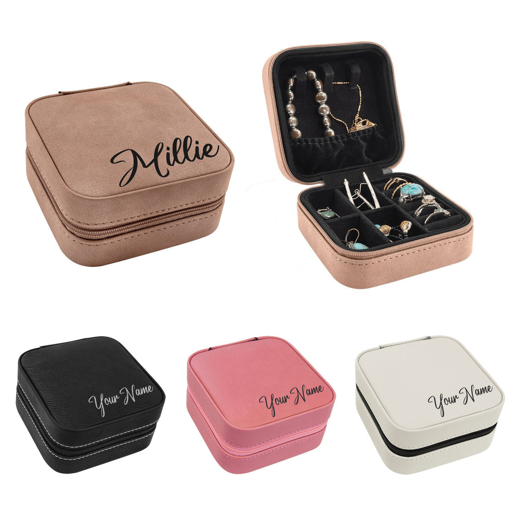 Travel Jewelry Box, Personalized Leatherette Jewelry Case Engraved with Custom Name