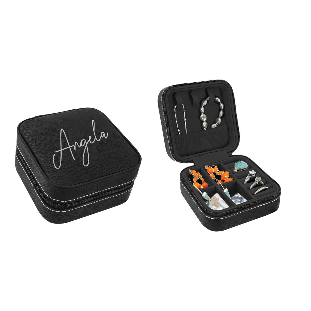 Travel Jewelry Box, Personalized Leatherette Jewelry Case Engraved with Custom Text