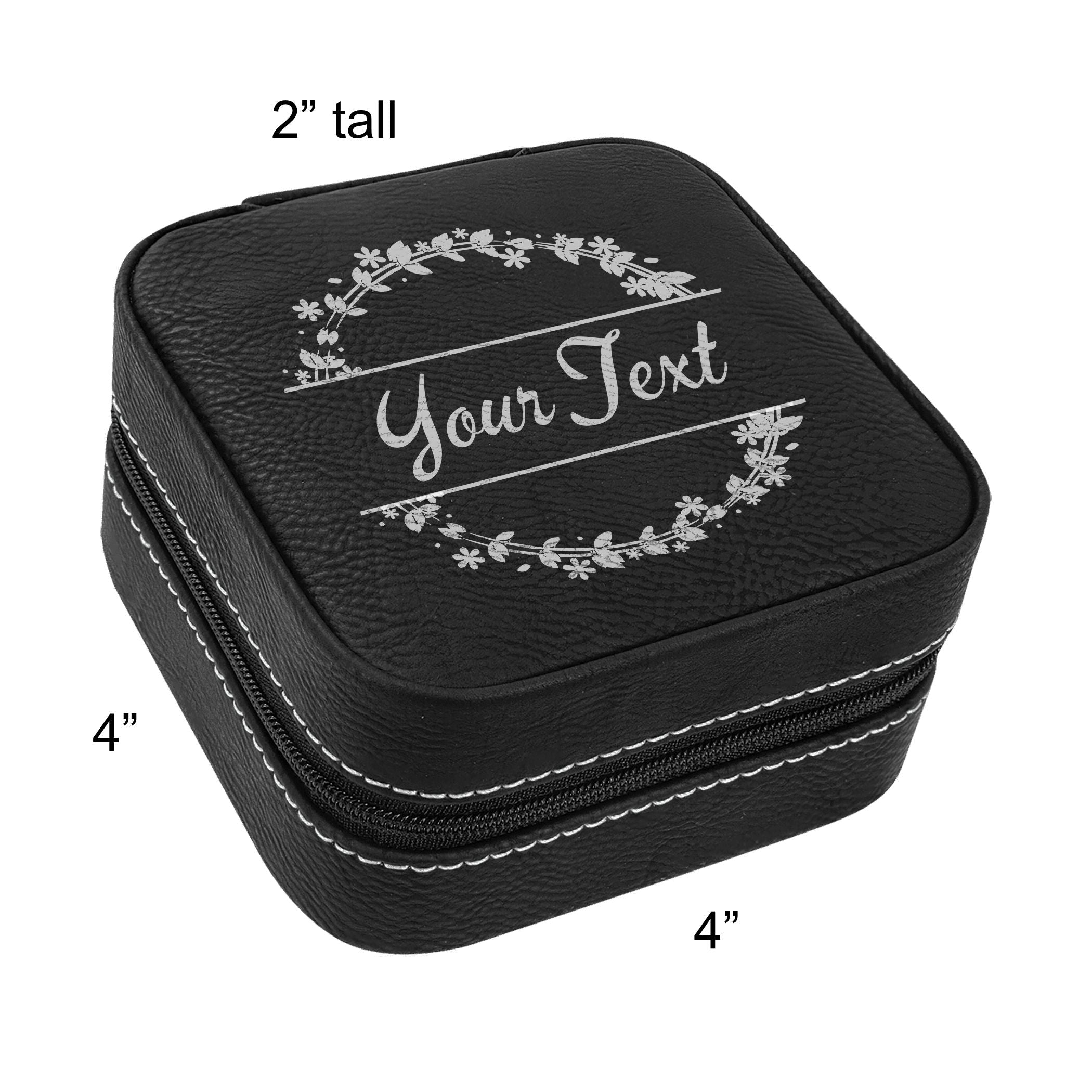 Travel Jewelry Box, Personalized Leatherette Jewelry Case Engraved with Custom Text Floral Wreath Design