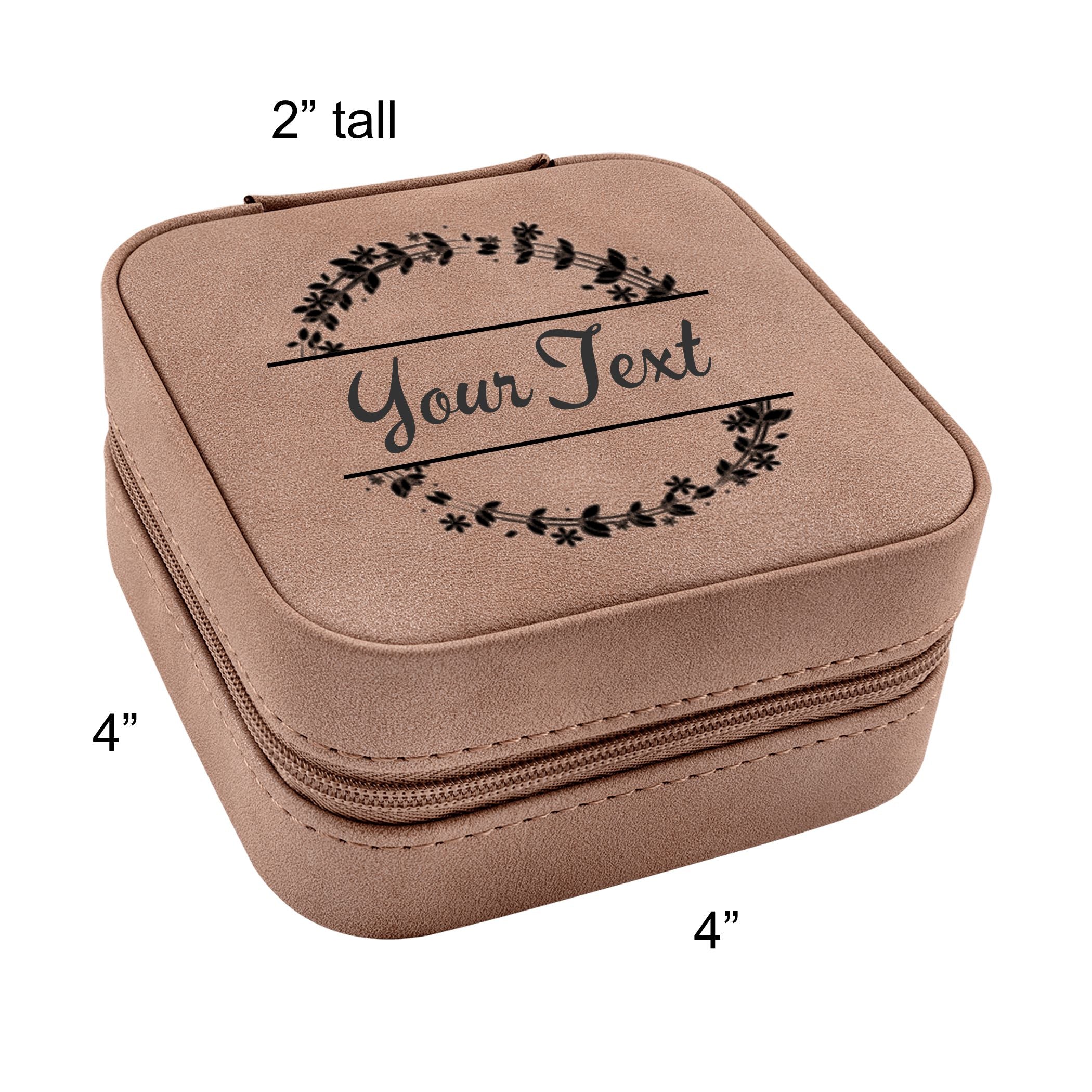 Travel Jewelry Box, Personalized Leatherette Jewelry Case Engraved with Custom Text Floral Wreath Design