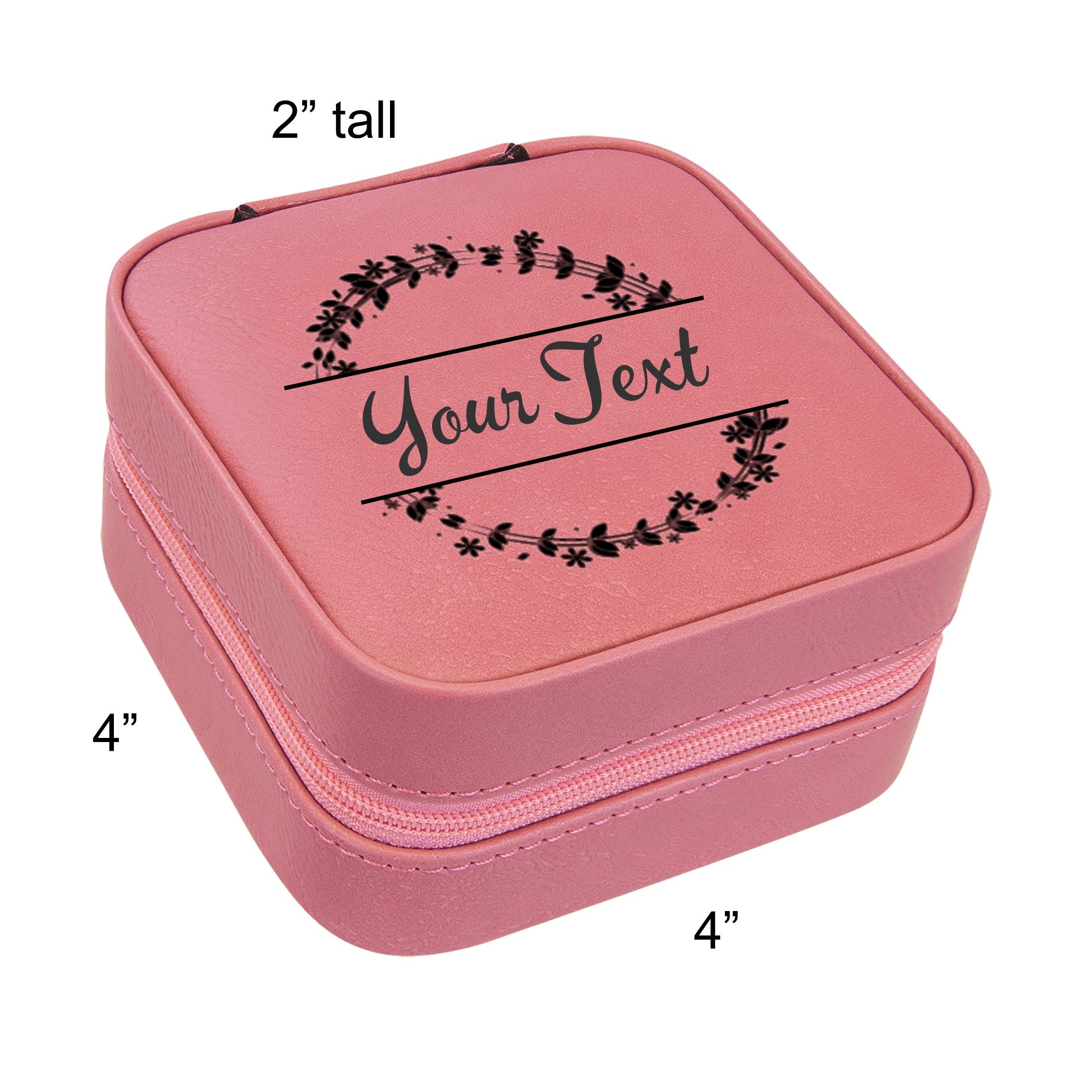 Travel Jewelry Box, Personalized Leatherette Jewelry Case Engraved with Custom Text Floral Wreath Design