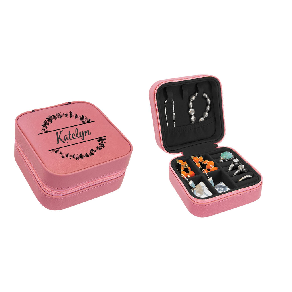 Travel Jewelry Box, Personalized Leatherette Jewelry Case Engraved with Custom Text Floral Wreath Design