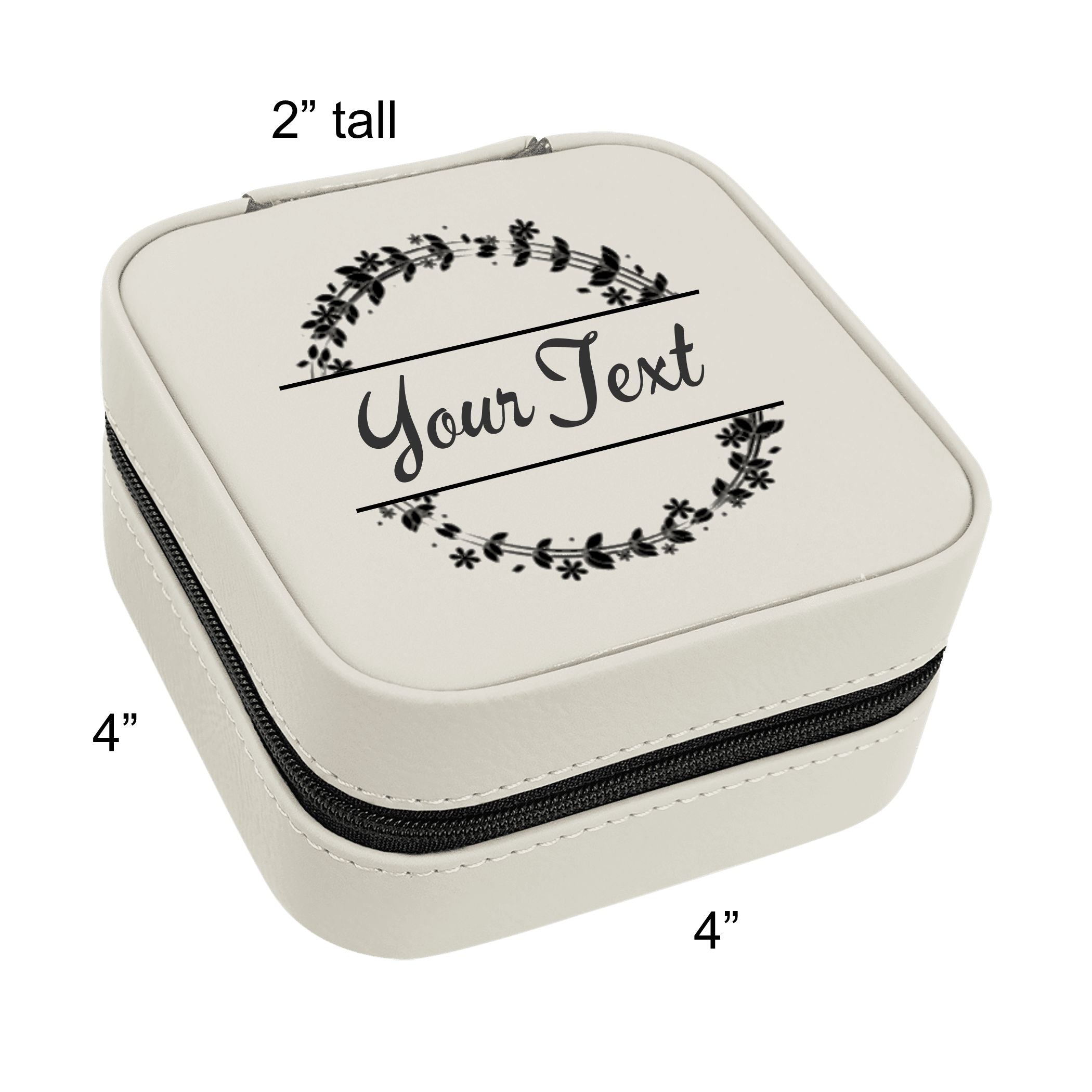 Travel Jewelry Box, Personalized Leatherette Jewelry Case Engraved with Custom Text Floral Wreath Design