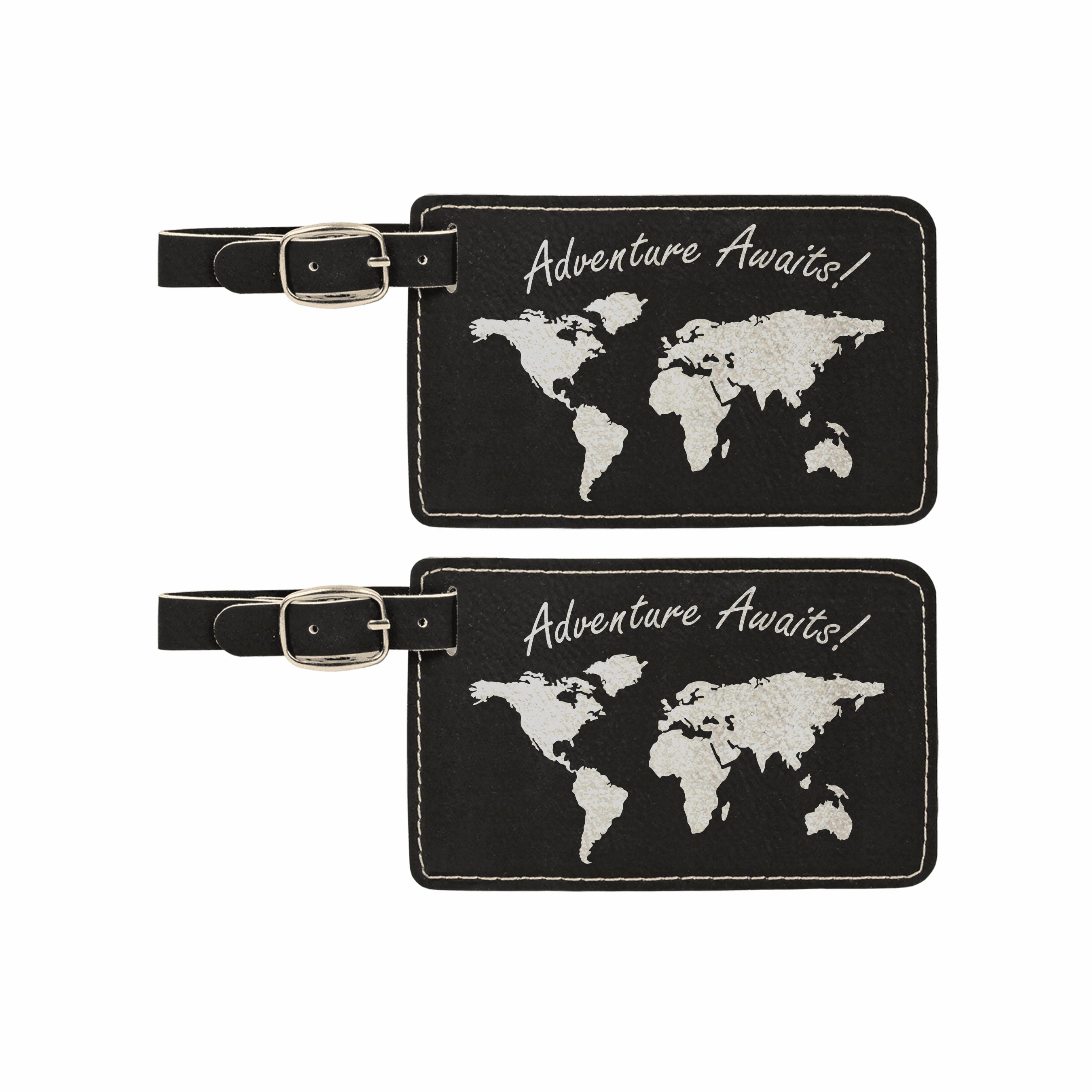 Adventure Awaits World Map Engraved Leatherette Luggage Tags 2 pack