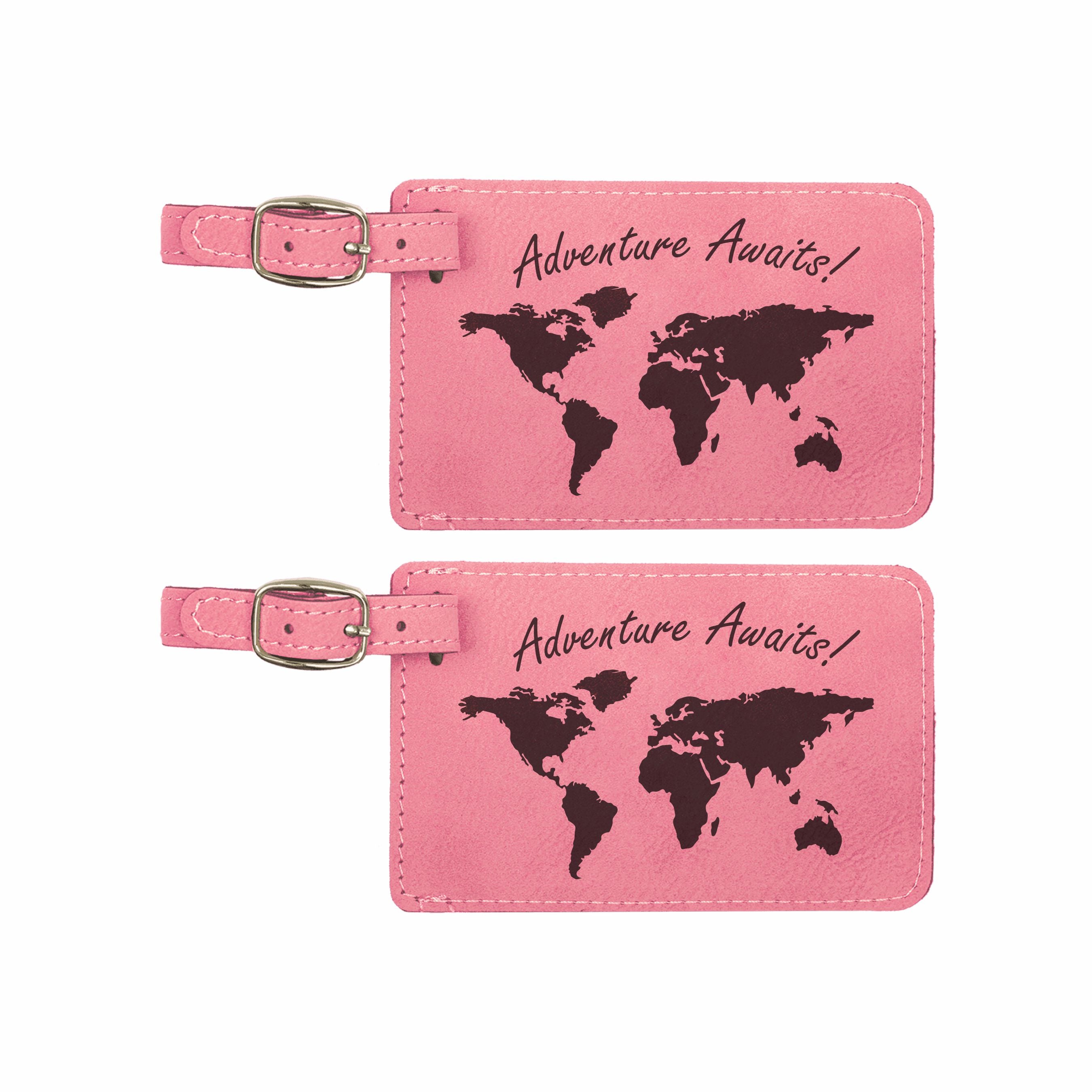 Adventure Awaits World Map Engraved Leatherette Luggage Tags 2 pack