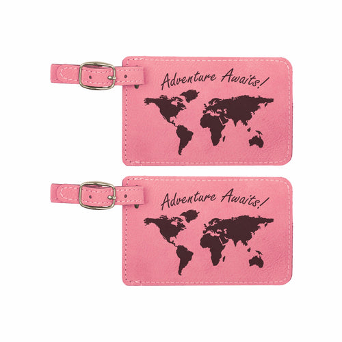 Adventure Awaits World Map Engraved Leatherette Luggage Tags 2 pack